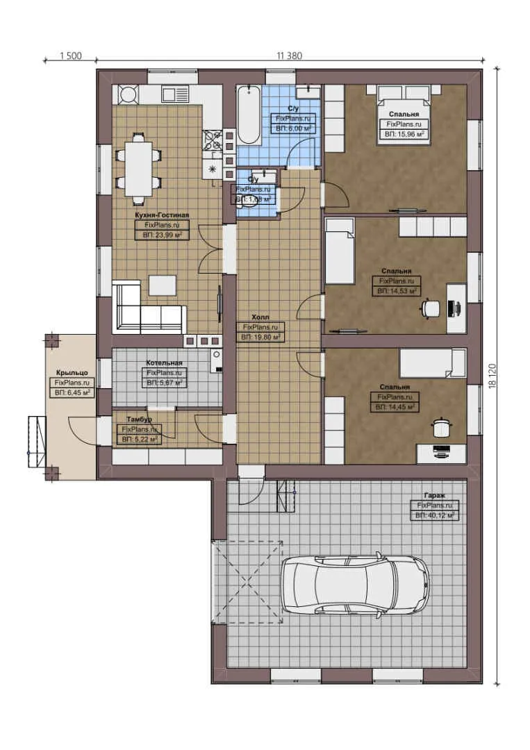 F-1466 - План одноэтажного дома 12 на 19, площадью 160 м² с гаражом на 2 машины и 3 спальнями