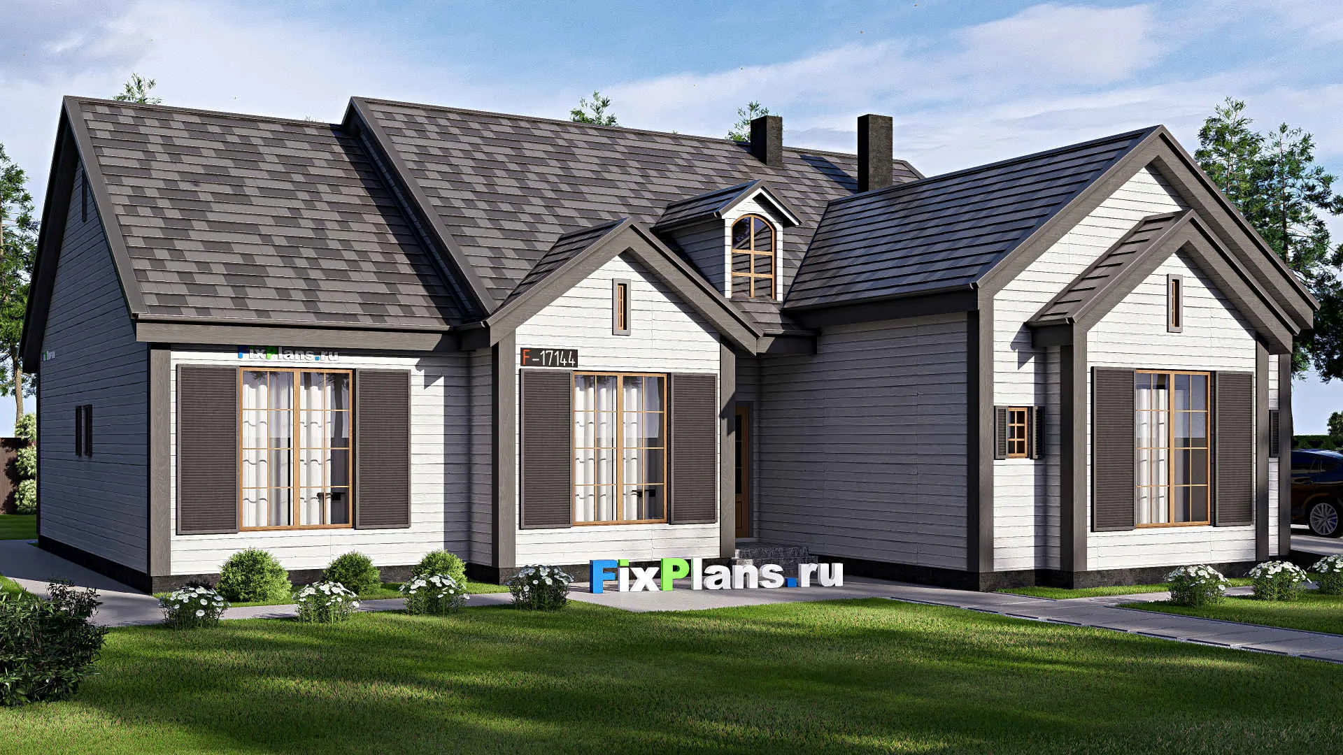 F-17144 - Проект дома с мансардой 21 на 25, площадью 300 м² с террасой, гаражом на 2 машины и 4 спальнями