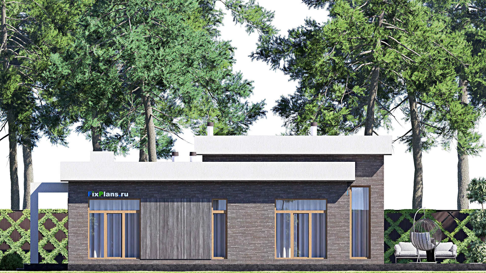 F-19601 - Проект одноэтажного дома 18 на 19, площадью 220 м² с террасой и 4 спальнями