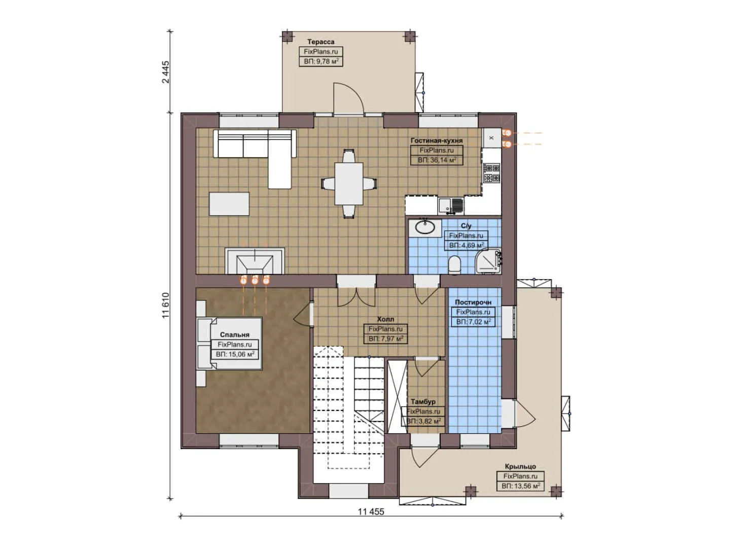 F-6830 - Планы дома с мансардой 12 на 12, площадью 180 м² с террасой и 4 спальнями