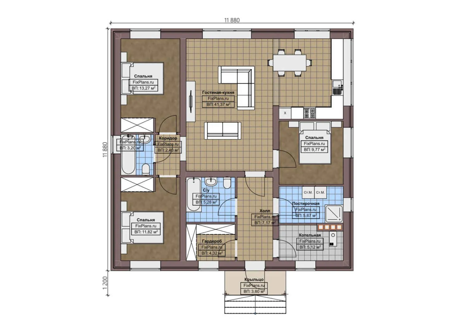 F-3041 - План одноэтажного дома 12 на 12, площадью 120 м² с 3 спальнями