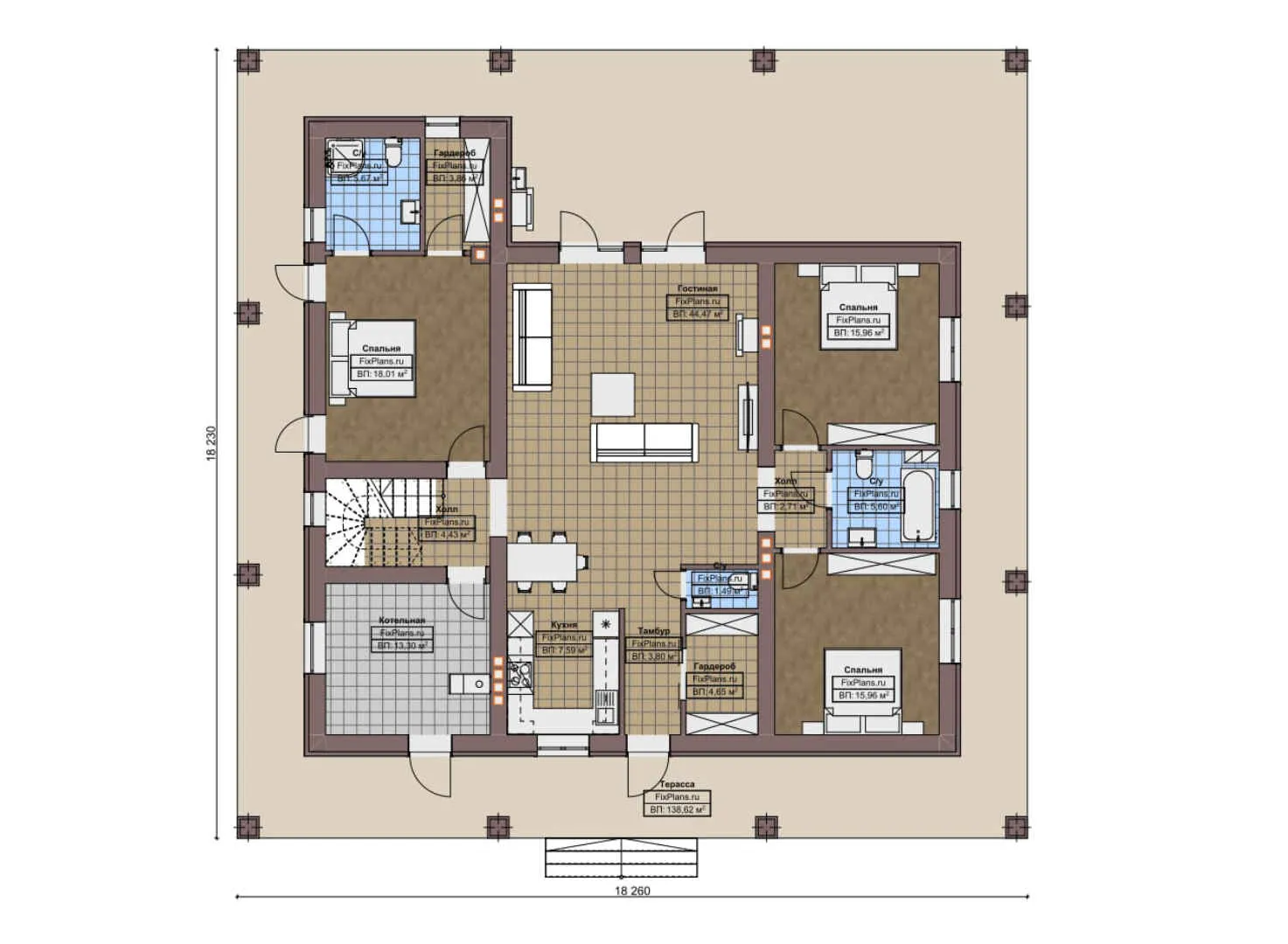 F-7091 - Планы дома с мансардой 19 на 19, площадью 340 м² с террасой, балконом и 4 спальнями