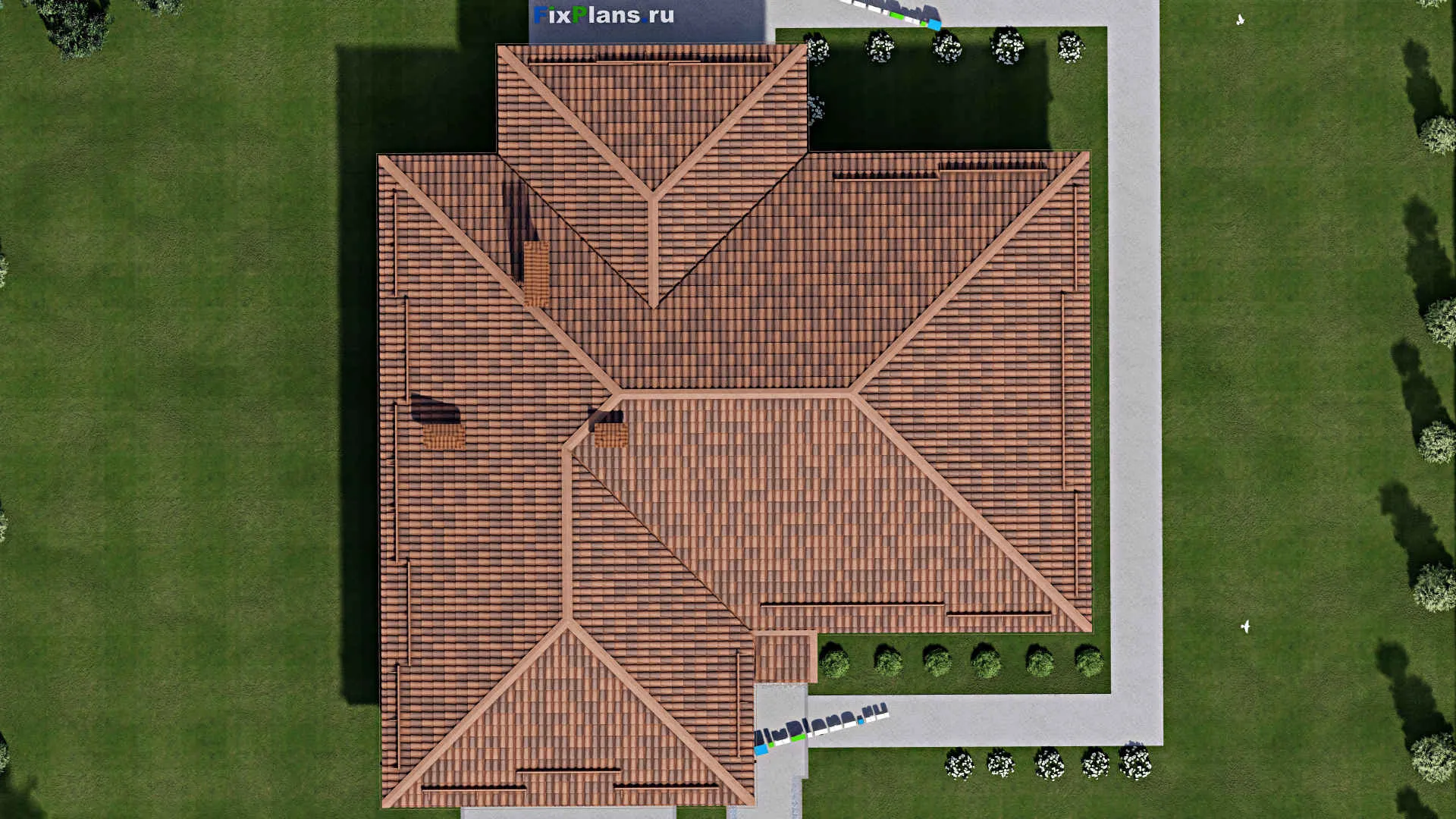 F-9863 - Проект одноэтажного дома 19 на 21, площадью 270 м² с террасой, цокольным этажом, баней, гаражом на 2 машины и 3 спальнями