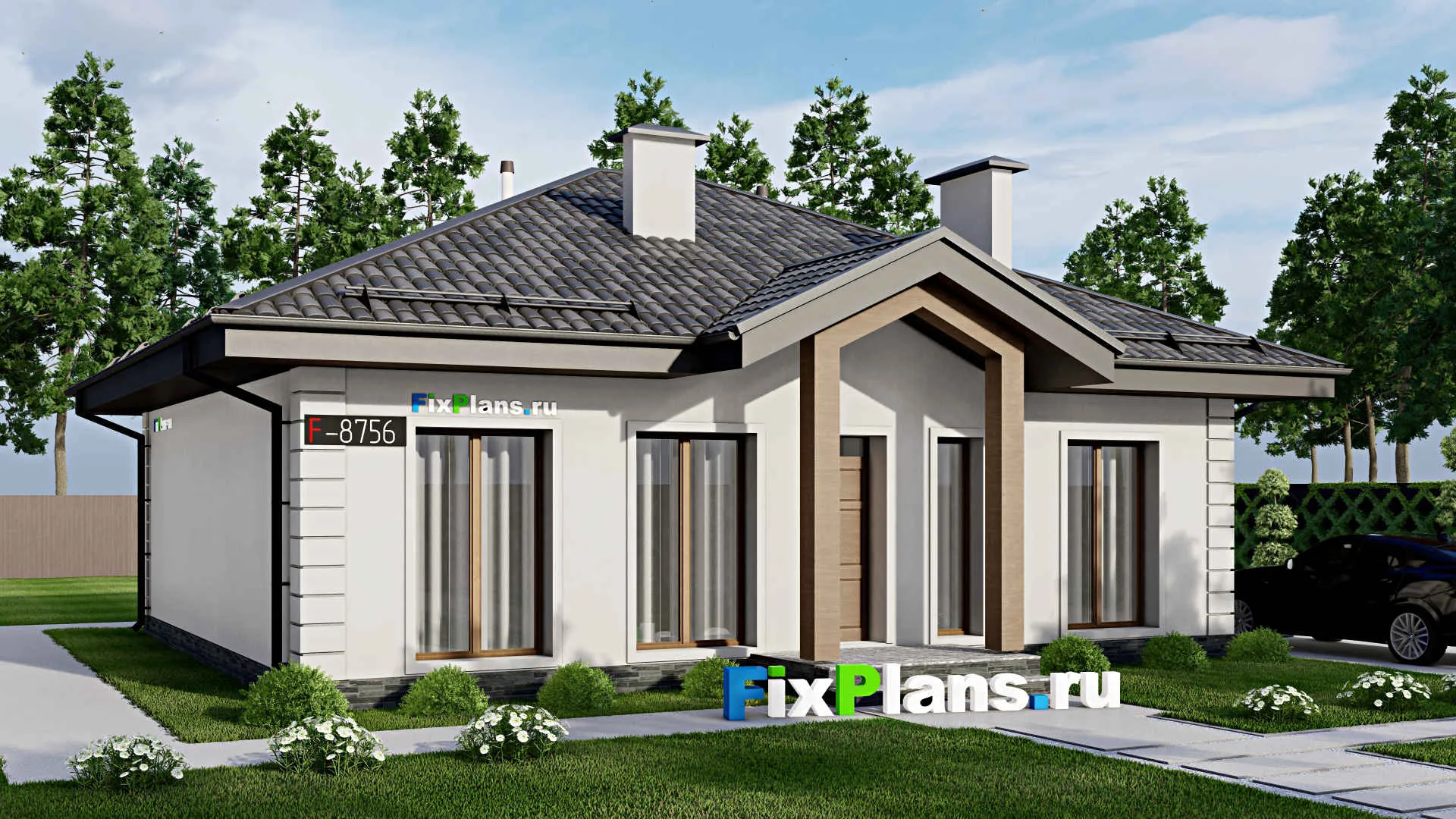 F-8756 - Проект одноэтажного дома 12 на 12, площадью 100 м² с 2 спальнями