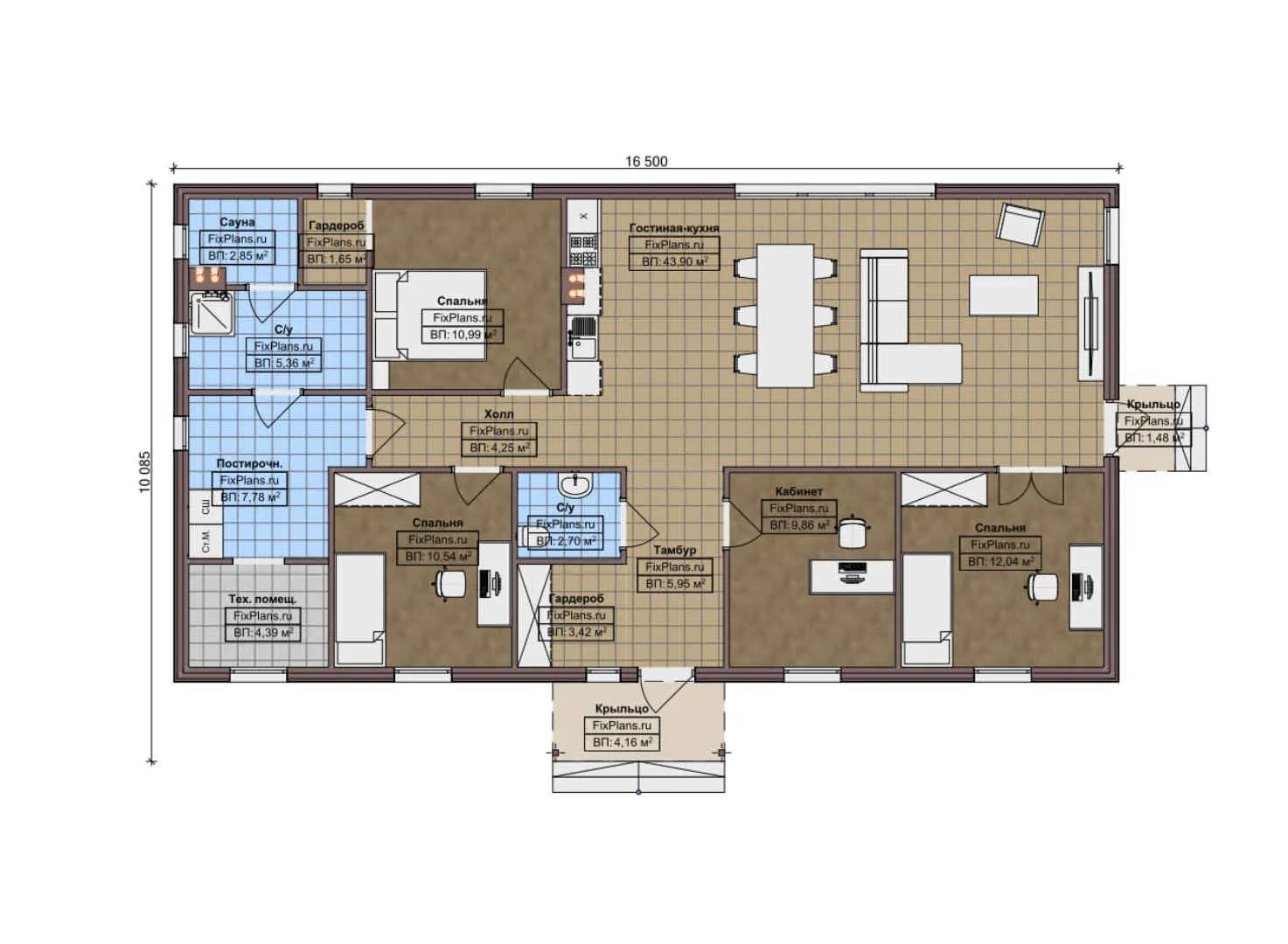 F-11933 - План одноэтажного дома 11 на 17, площадью 140 м² с баней и 3 спальнями