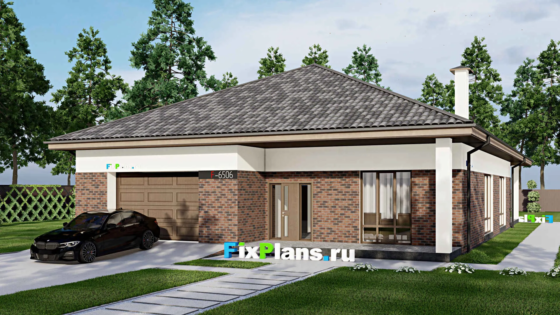 F-6506 - Проект одноэтажного дома 15 на 31, площадью 330 м² с террасой, гаражом на 2 машины и 3 спальнями