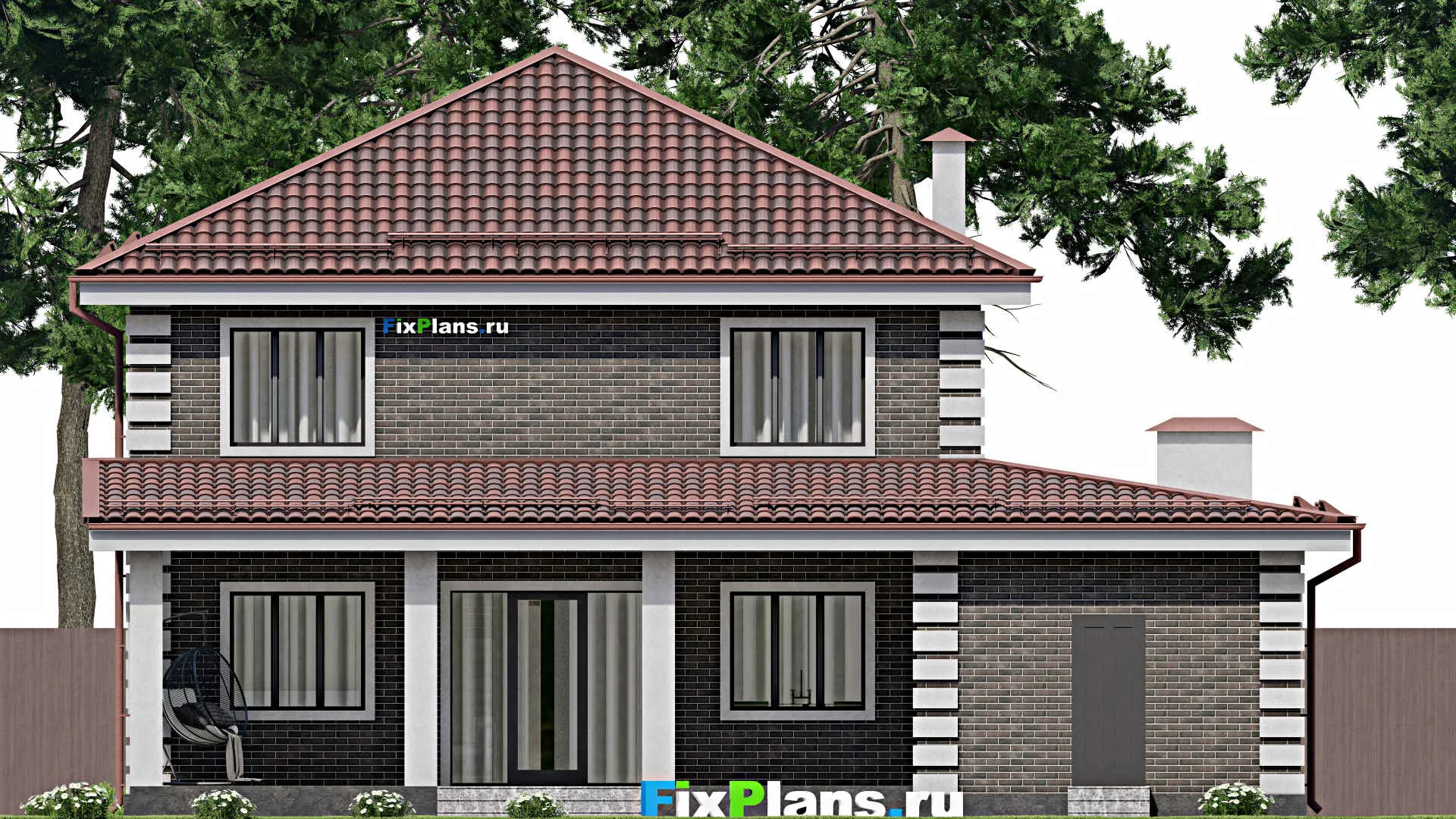 F-6803 - Проект двухэтажного дома 15 на 16, площадью 250 м² с террасой, гаражом на 1 машину и 4 спальнями