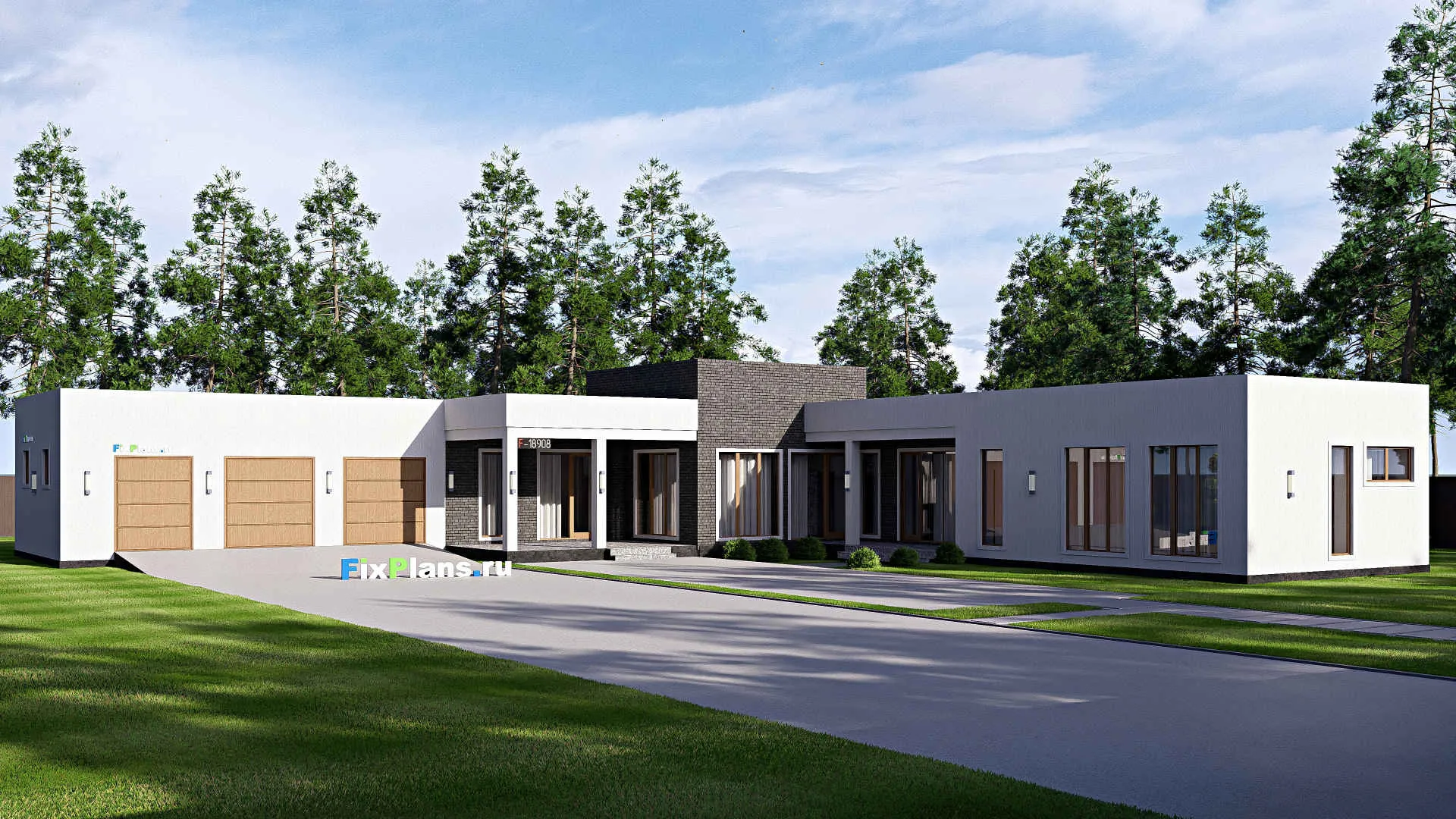 F-18908 - Проект одноэтажного дома 28 на 28, площадью 310 м² с террасой, баней, гаражом на 2 машины и 3 спальнями