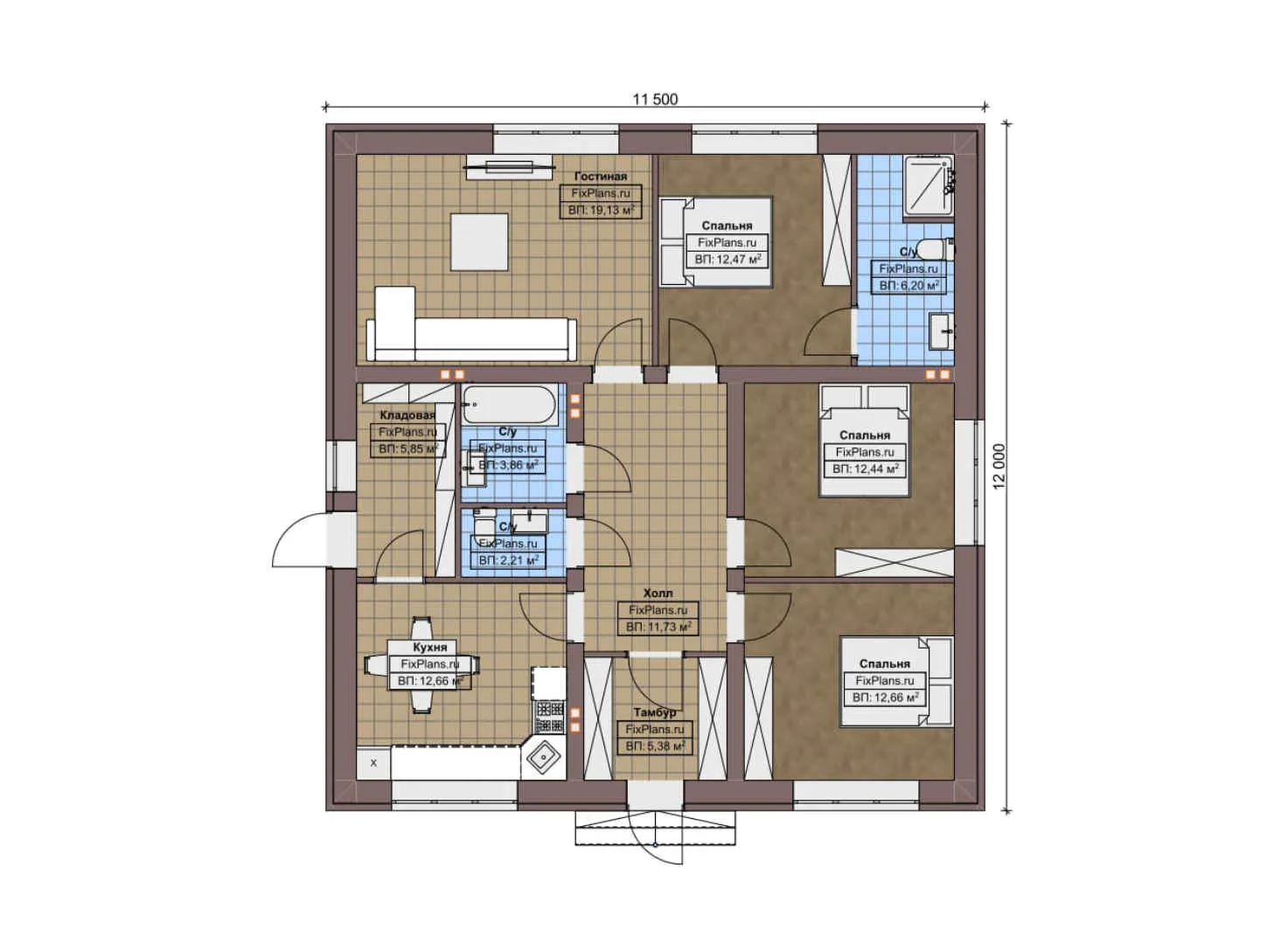F-5156 - План одноэтажного дома 12 на 12, площадью 110 м² с 3 спальнями