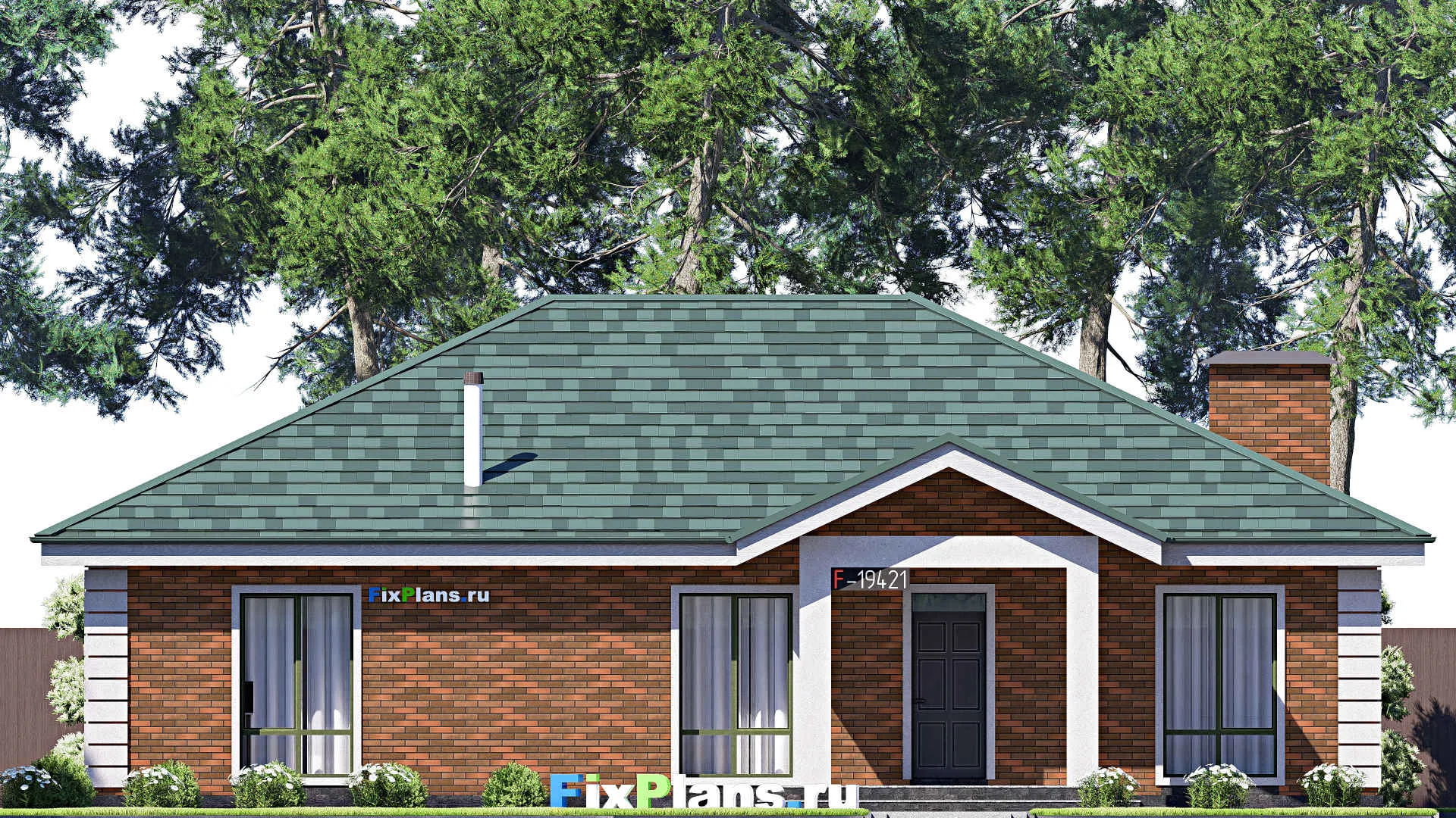 F-19421 - Проект одноэтажного дома 17 на 18, площадью 200 м² с террасой и 4 спальнями