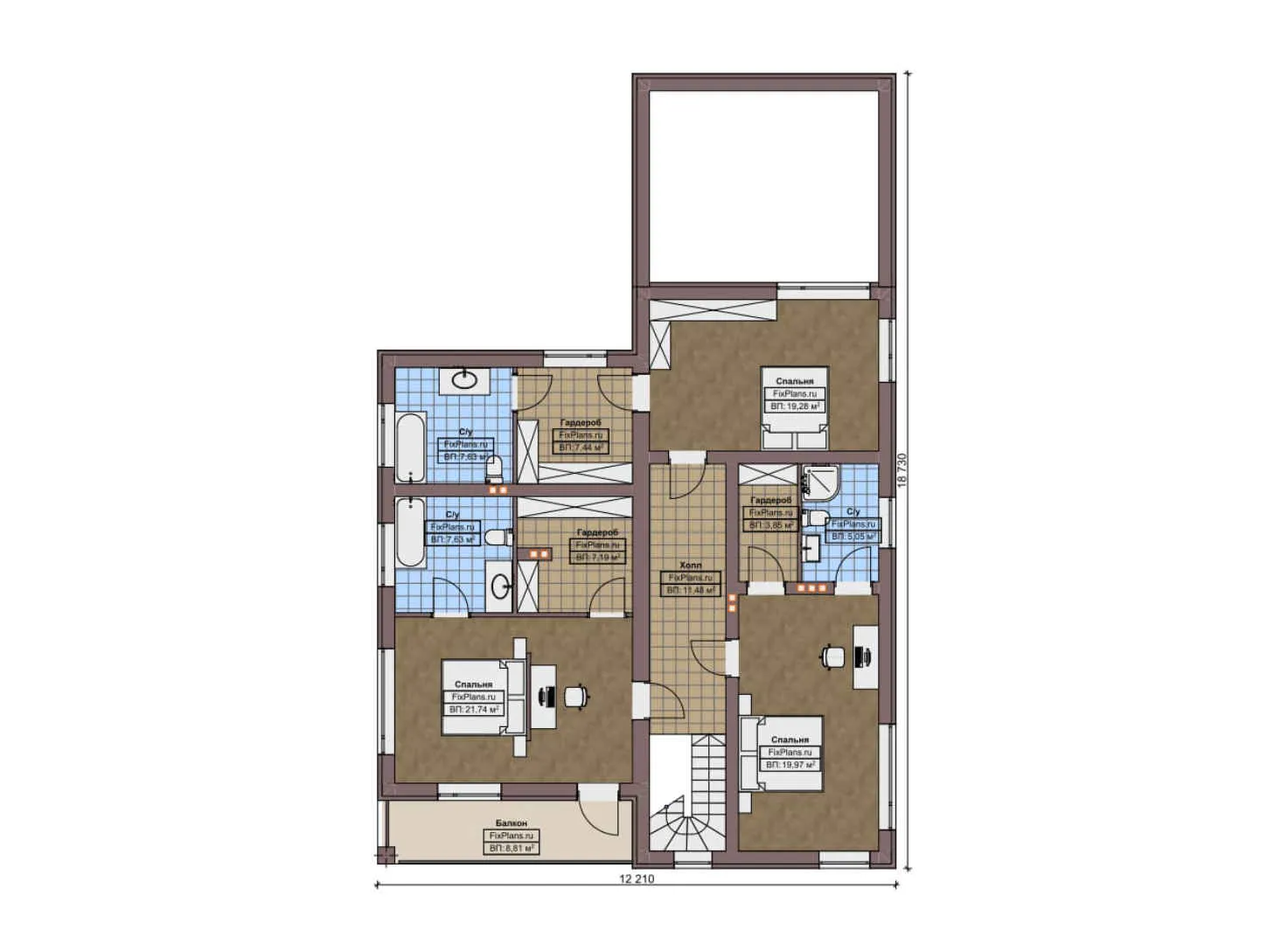 F-9845 - Планы двухэтажного дома 13 на 19, площадью 550 м² с террасой, балконом, баней, бассейном и 8 спальнями
