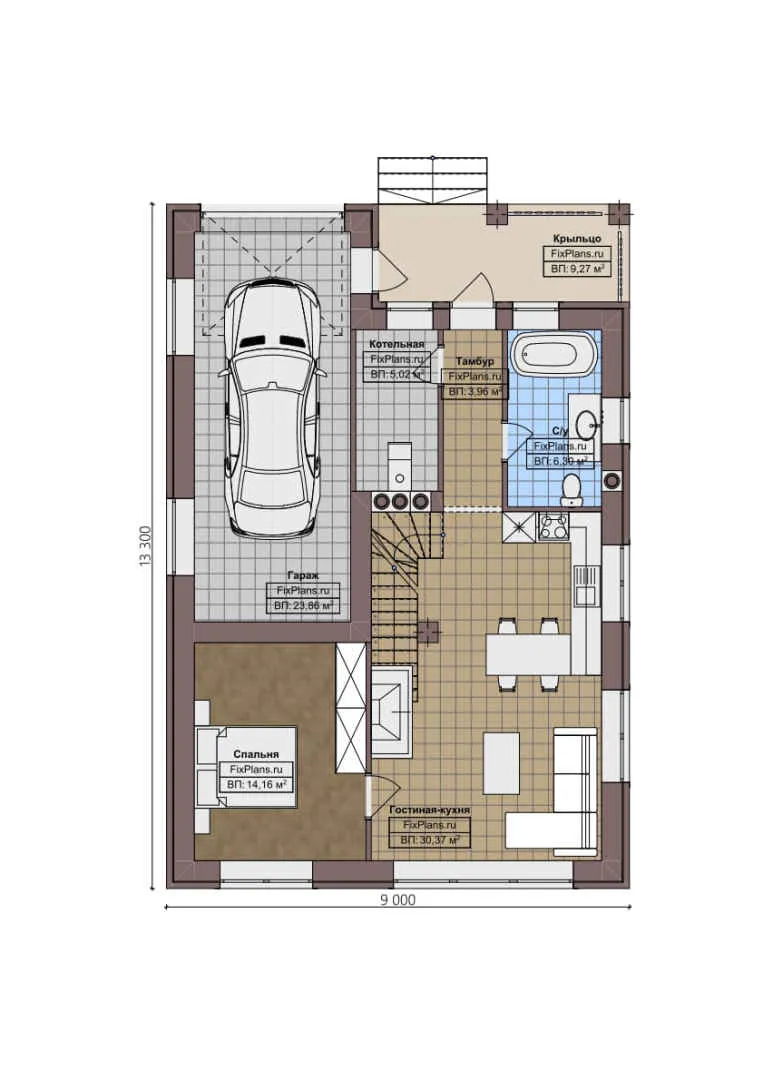 F-3059 - Планы дома с мансардой 9 на 14, площадью 150 м² с балконом, гаражом на 1 машину и 3 спальнями
