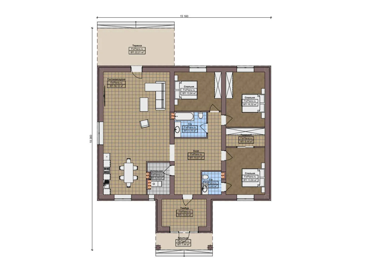 F-12086 - План одноэтажного дома 16 на 20, площадью 180 м² с террасой и 3 спальнями