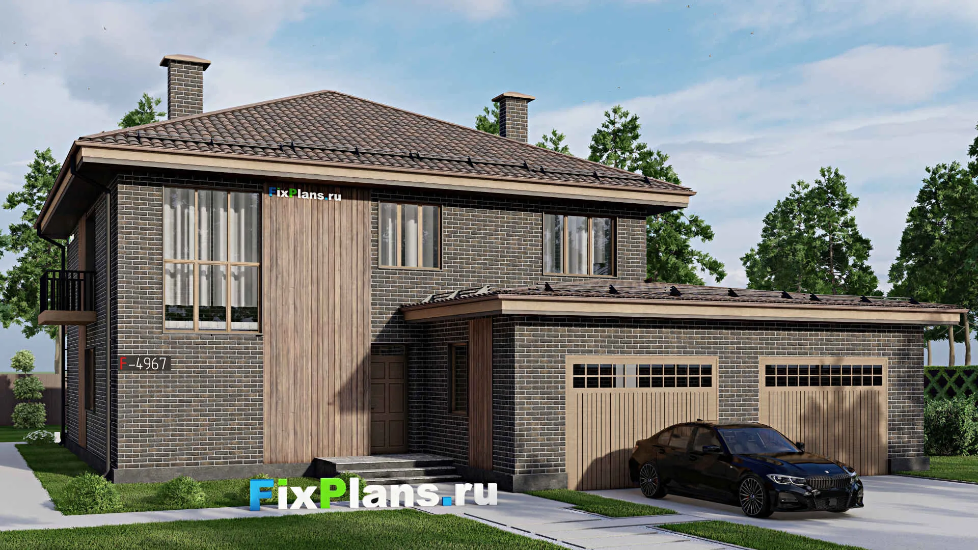 F-4967 - Проект двухэтажного дома 17 на 17, площадью 290 м² с террасой, балконом, гаражом на 2 машины и 7 спальнями