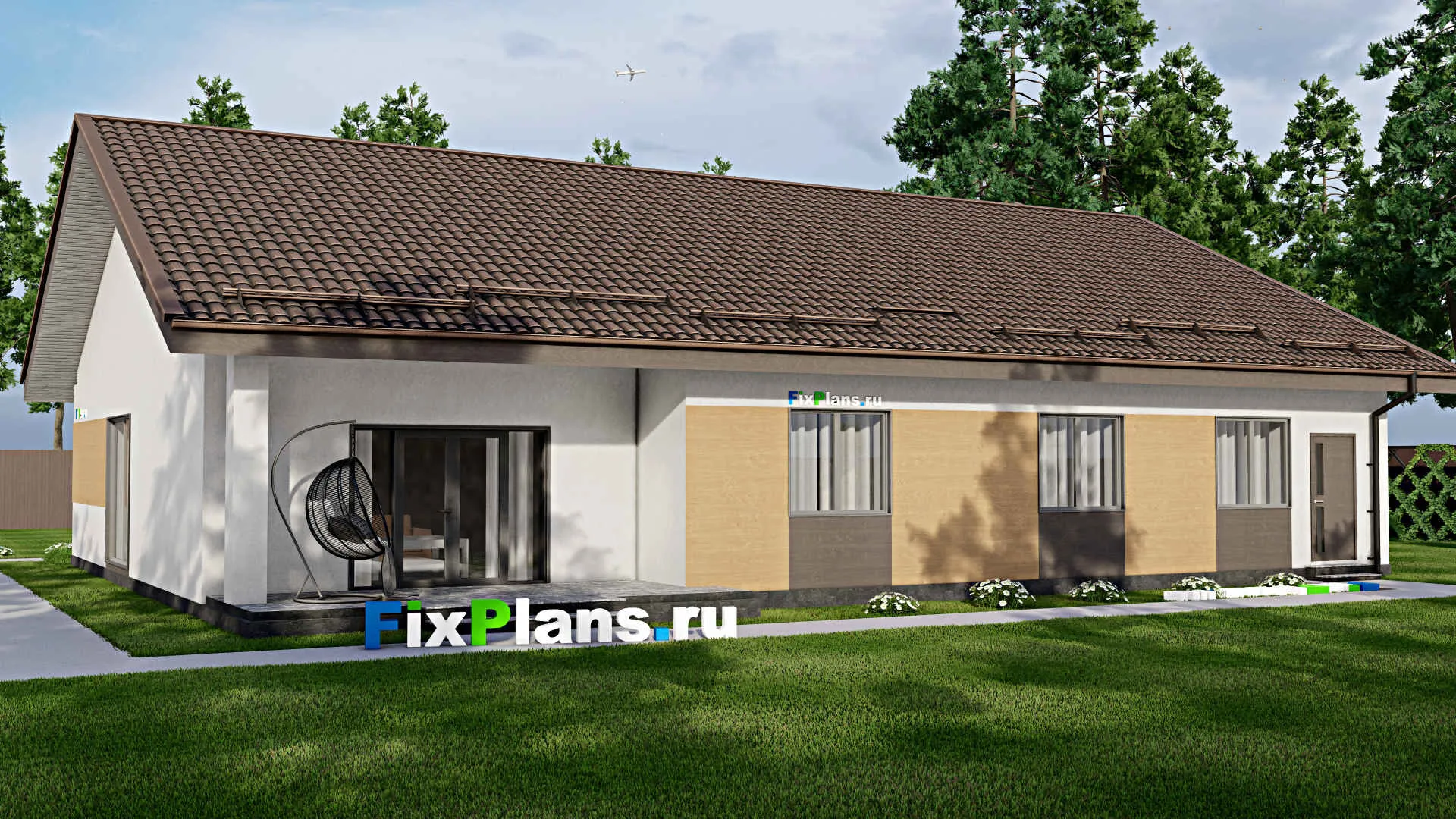 F-2933 - Проект одноэтажного дома 15 на 20, площадью 240 м² с террасой, гаражом на 1 машину и 4 спальнями