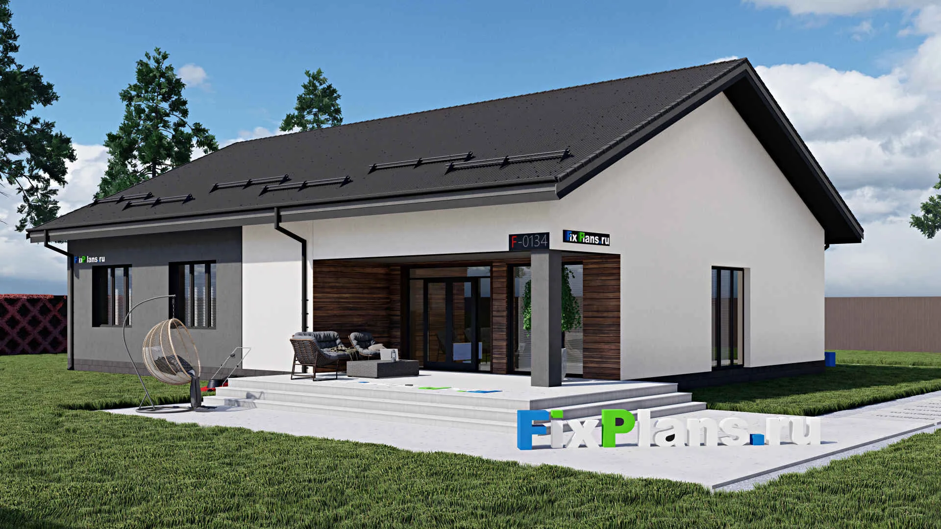 F-0134 - Проект одноэтажного дома 13 на 17, площадью 200 м² с террасой и 4 спальнями
