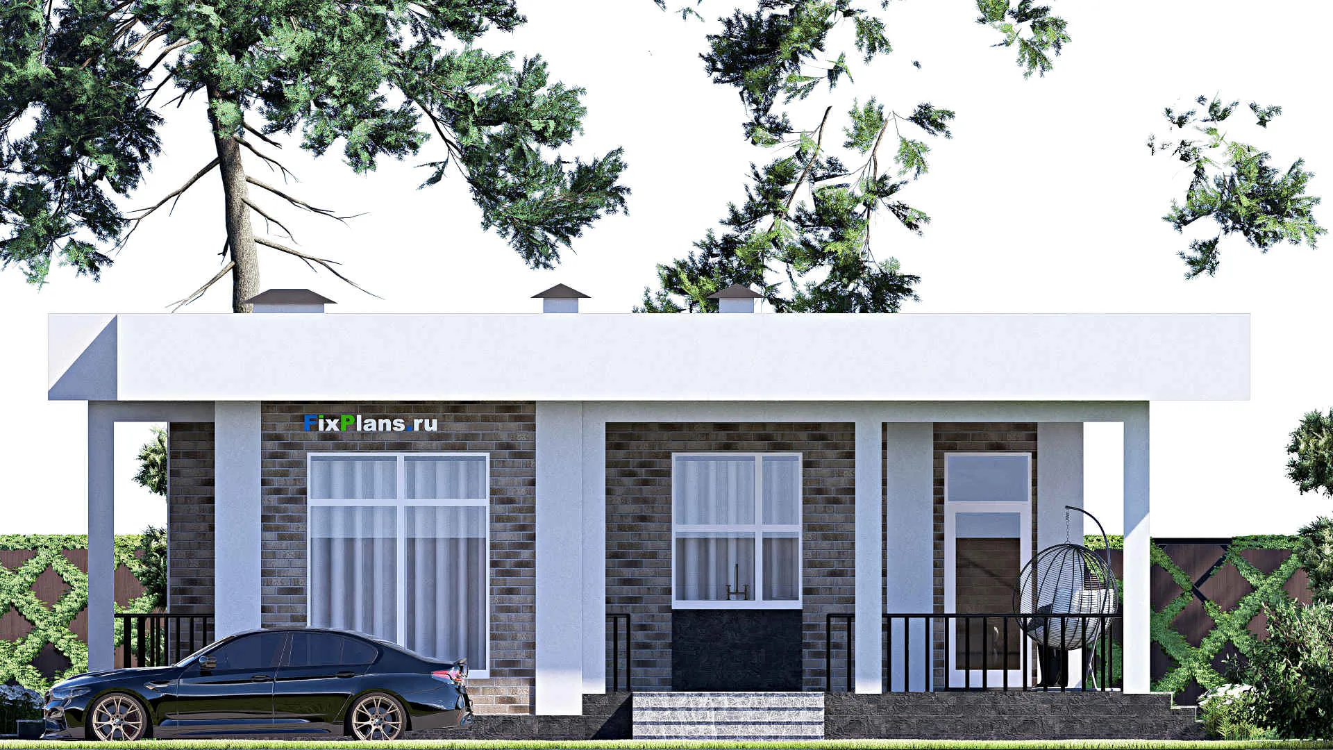 F-12446 - План одноэтажного дома 13 на 15, площадью 130 м² с террасой и 3 спальнями