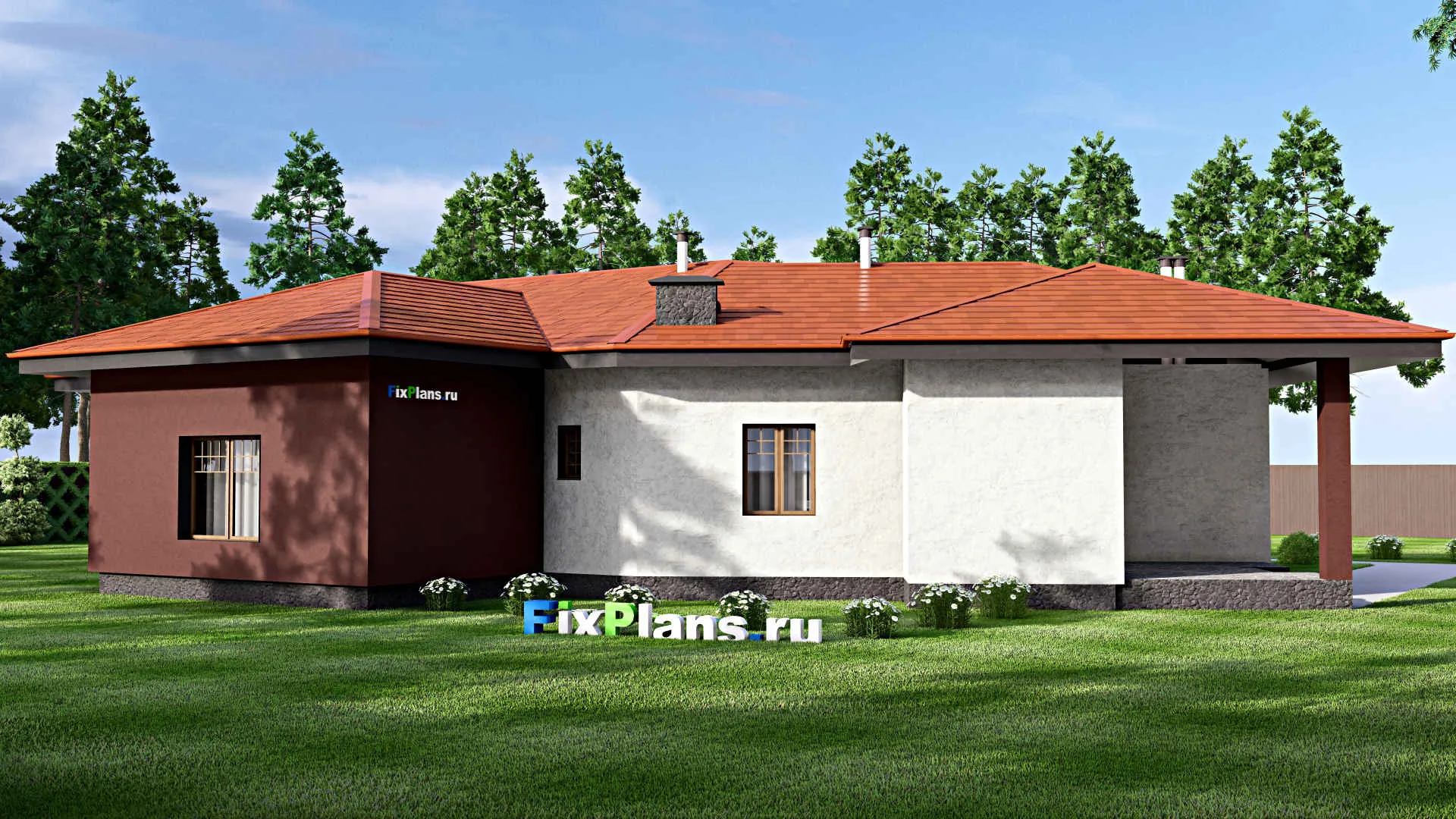 F-15209 - План одноэтажного дома 22 на 28, площадью 300 м² с террасой и 4 спальнями