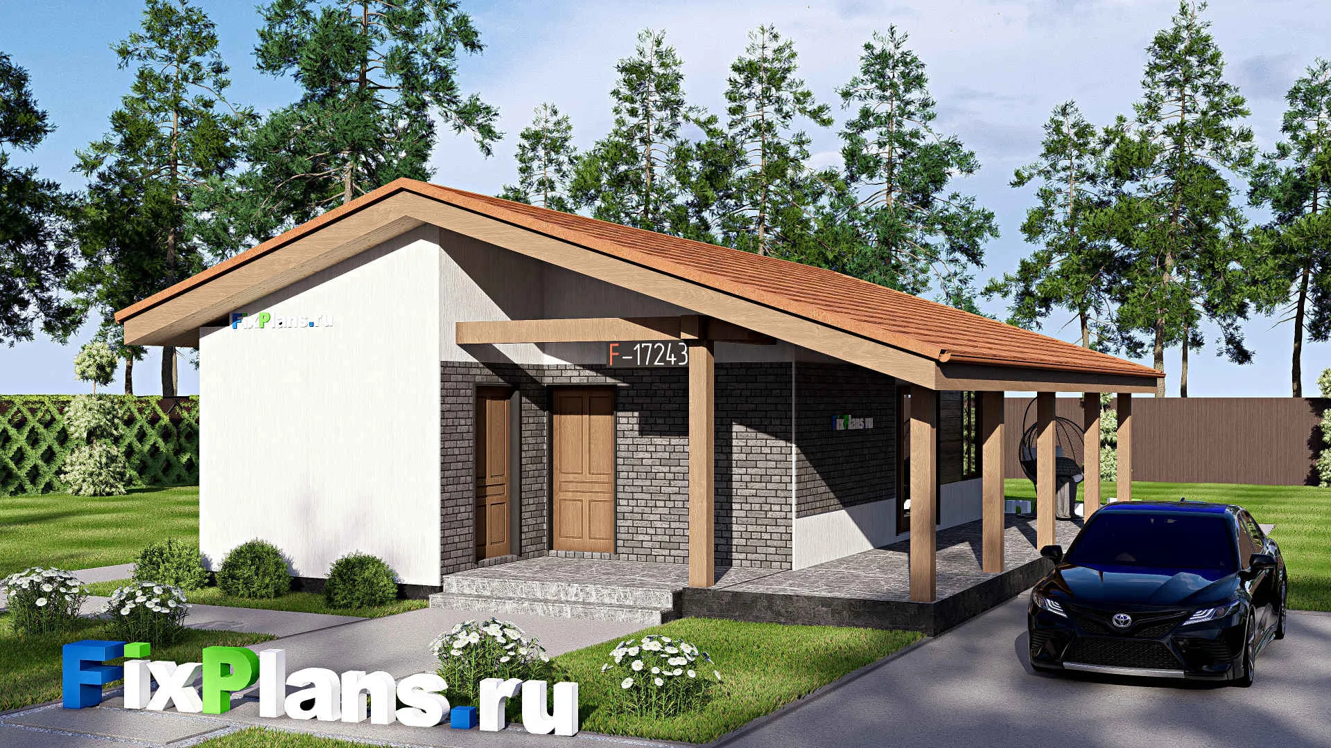 F-17243 - Проект одноэтажного дома 10 на 13, площадью 90 м² с террасой и 2 спальнями