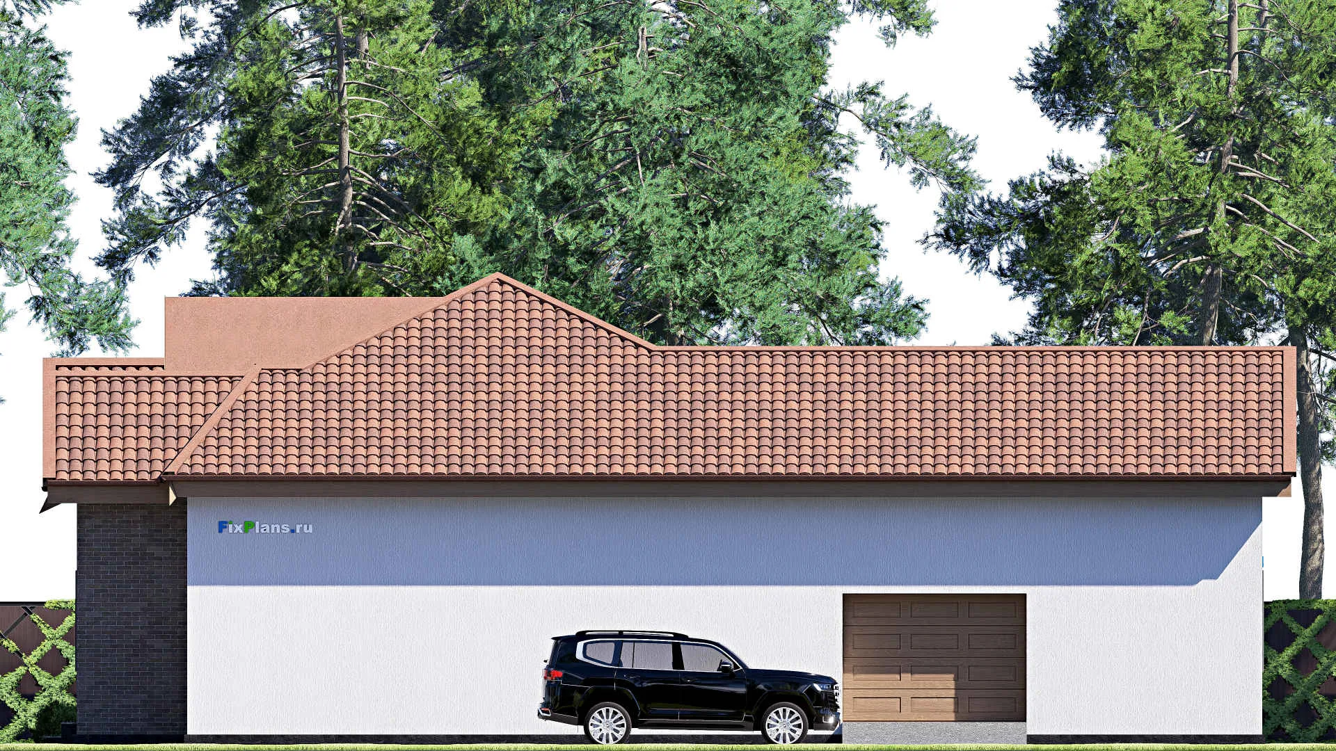 F-19871 - Проект одноэтажного дома 18 на 20, площадью 250 м² с террасой, гаражом на 2 машины и 3 спальнями