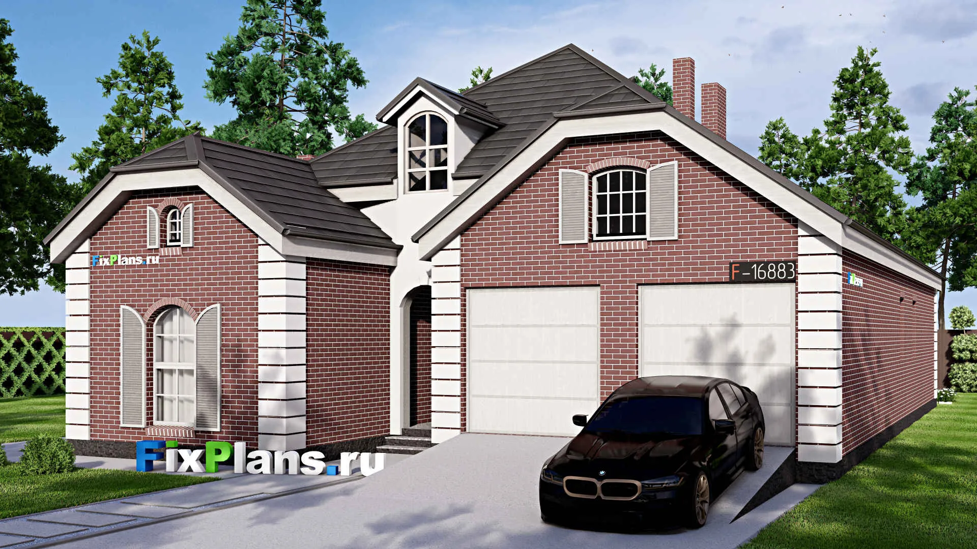 F-16883 - Проект одноэтажного дома 13 на 21, площадью 210 м² с террасой, гаражом на 2 машины и 3 спальнями