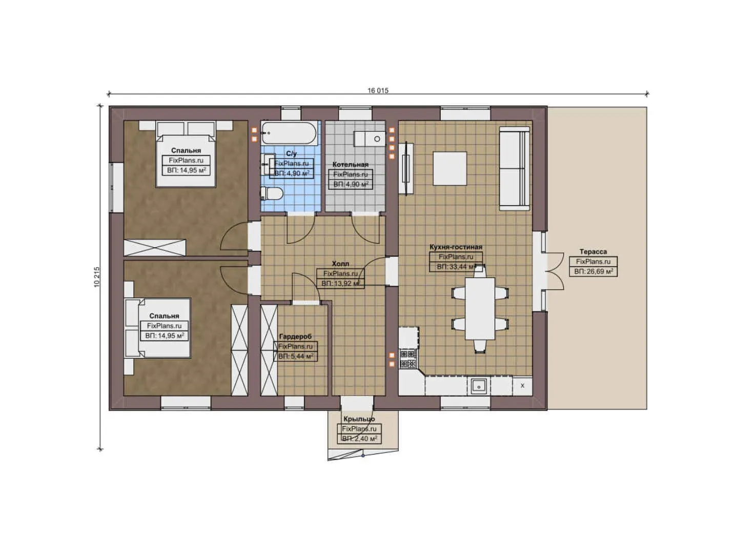 F-10610 - План одноэтажного дома 11 на 17, площадью 130 м² с террасой и 2 спальнями