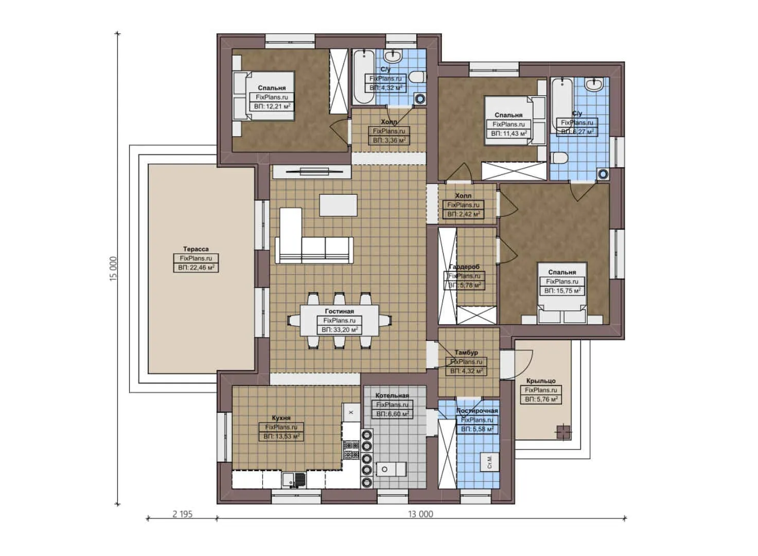 F-2591 - План одноэтажного дома 13 на 15, площадью 160 м² с террасой и 3 спальнями