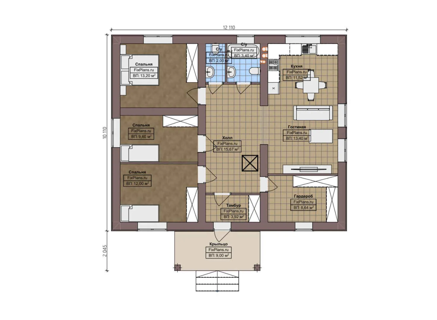 F-4391 - План одноэтажного дома 11 на 13, площадью 110 м² с 3 спальнями