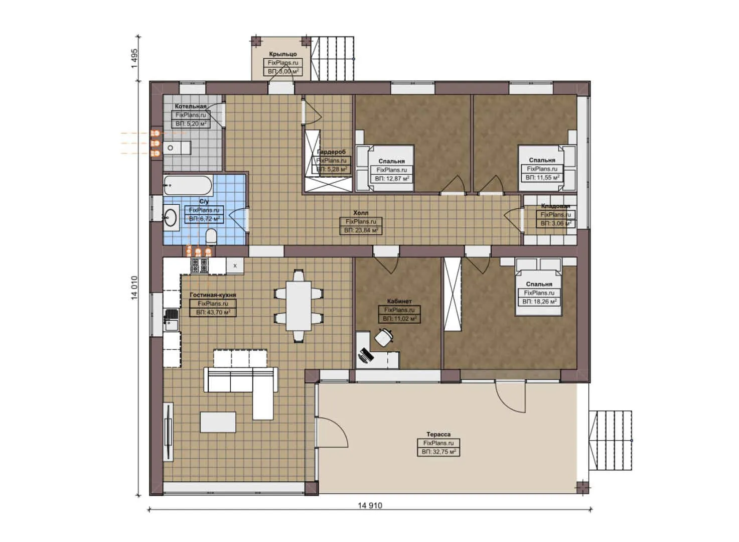 F-3257 - План одноэтажного дома 15 на 15, площадью 180 м² с террасой и 3 спальнями