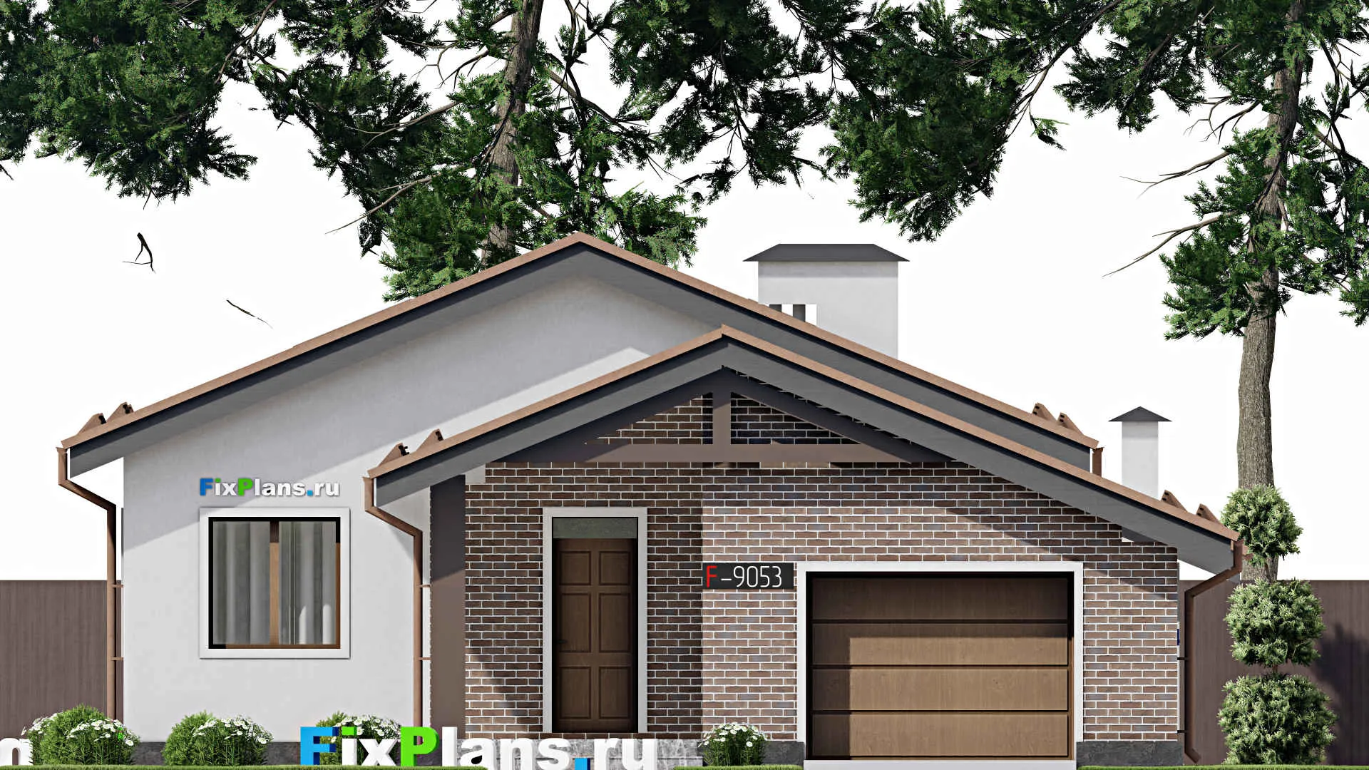 F-9053 - Проект одноэтажного дома 12 на 26, площадью 190 м² с террасой, баней, гаражом на 1 машину и 2 спальнями