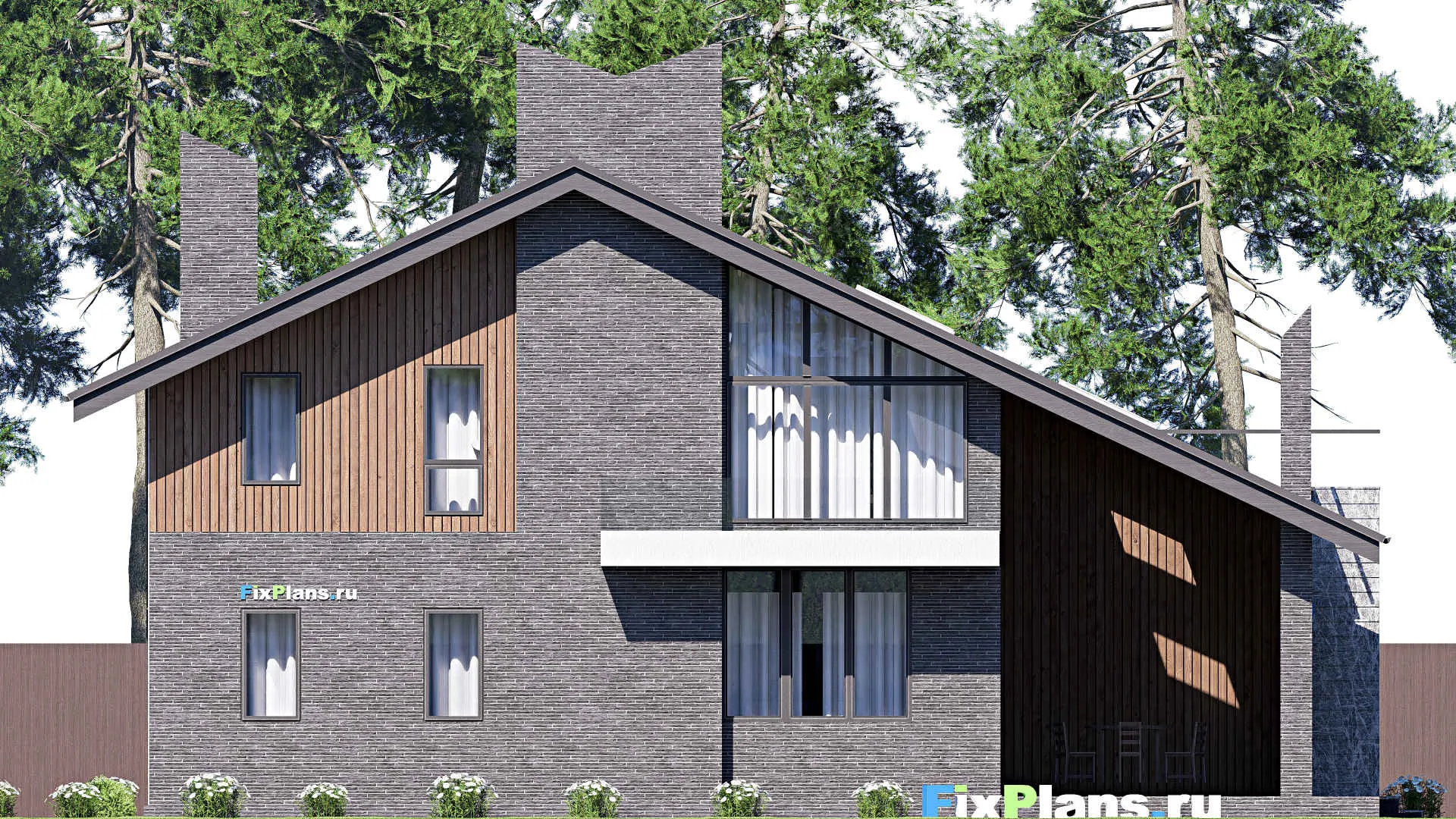 F-20699 - Проект дома с мансардой 16 на 18, площадью 360 м² с террасой, балконом, гаражом на 2 машины и 3 спальнями