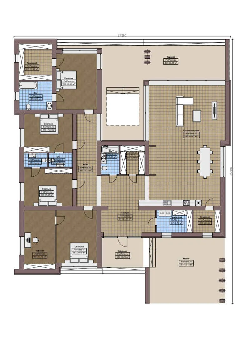 F-3158 - План одноэтажного дома 22 на 26, площадью 400 м² с террасой и 4 спальнями
