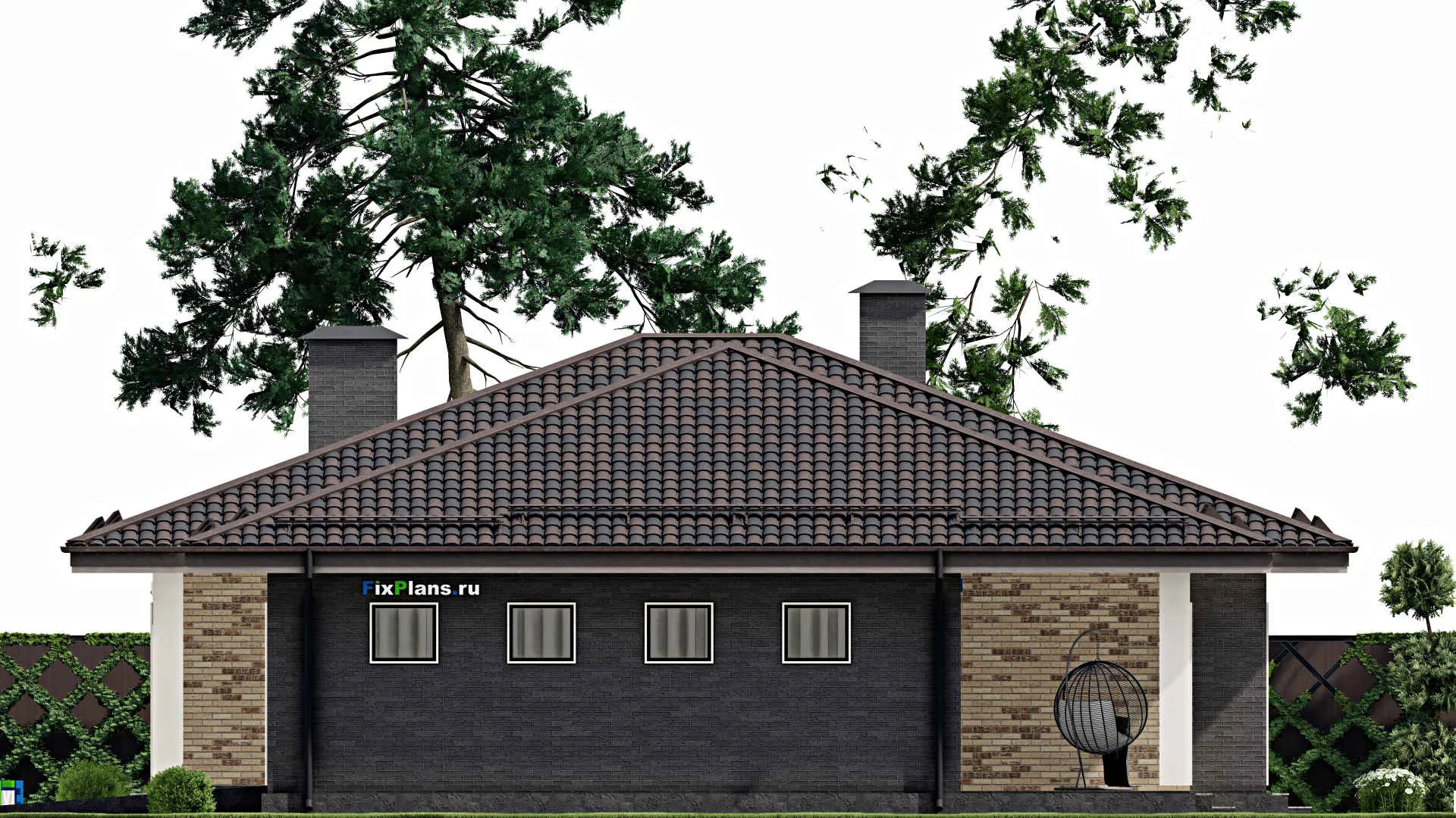 F-6740 - Проект одноэтажного дома 15 на 25, площадью 270 м² с террасой, гаражом на 2 машины и 3 спальнями