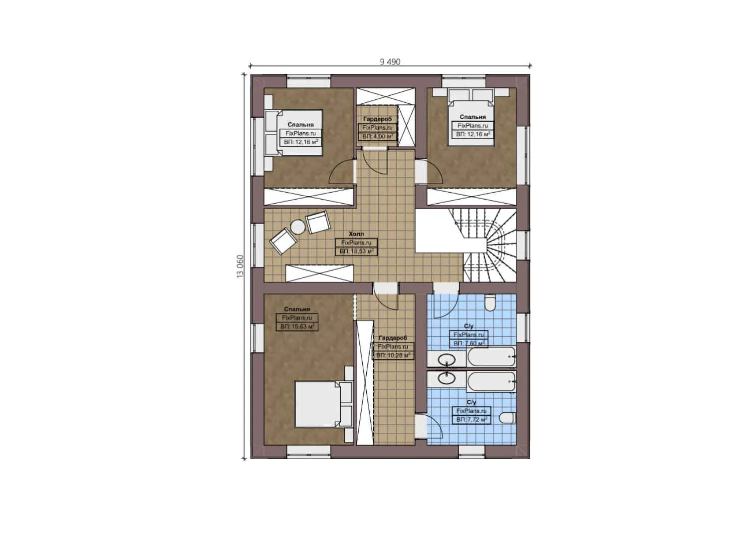F-2771 - Планы двухэтажного дома 10 на 14, площадью 210 м² с террасой и 3 спальнями
