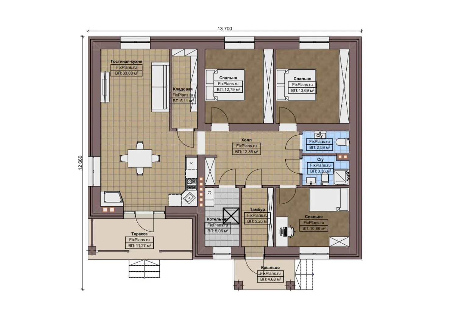 F-12167 - План одноэтажного дома 13 на 14, площадью 130 м² с террасой и 3 спальнями