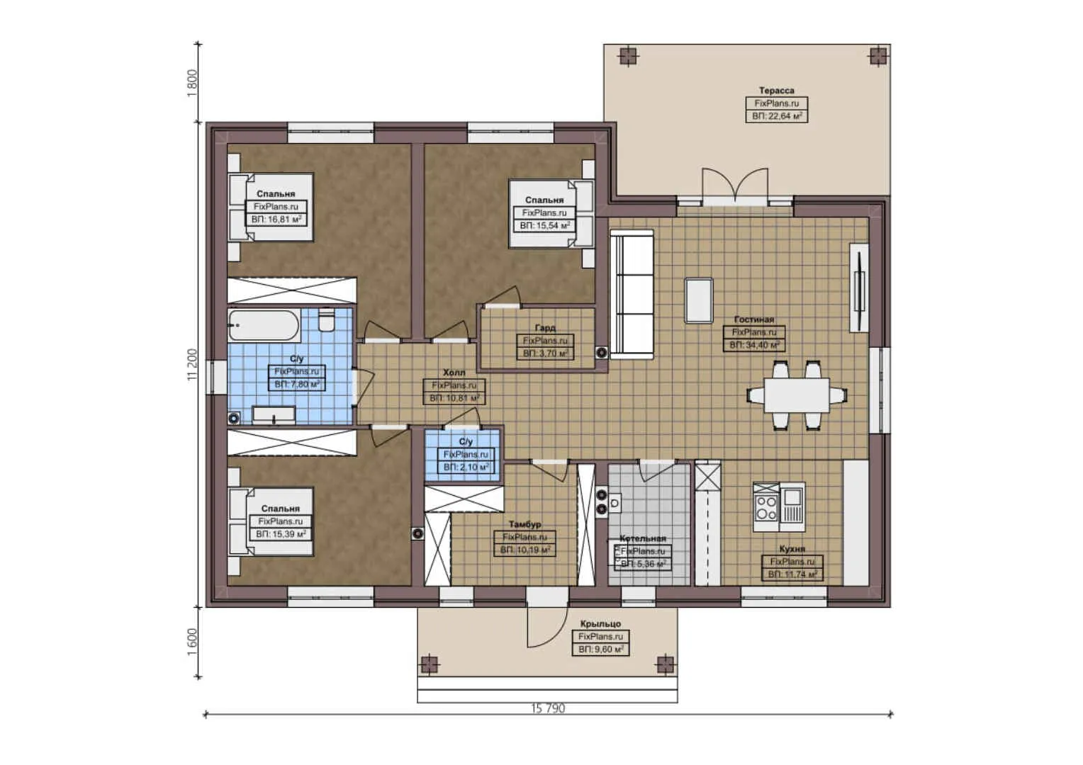 F-1286 - План одноэтажного дома 12 на 16, площадью 170 м² с террасой и 3 спальнями