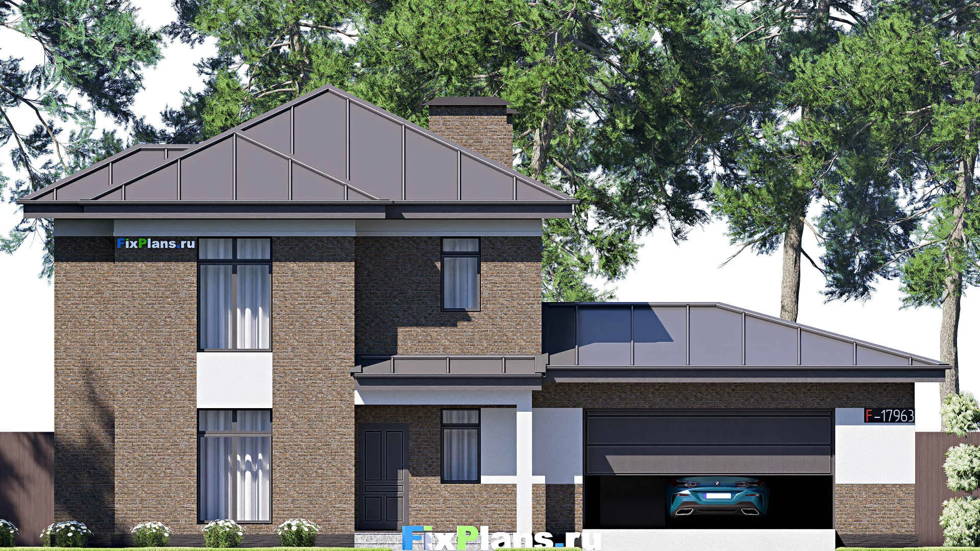 F-17963 - Проект двухэтажного дома 17 на 18, площадью 250 м² с террасой, гаражом на 2 машины и 4 спальнями