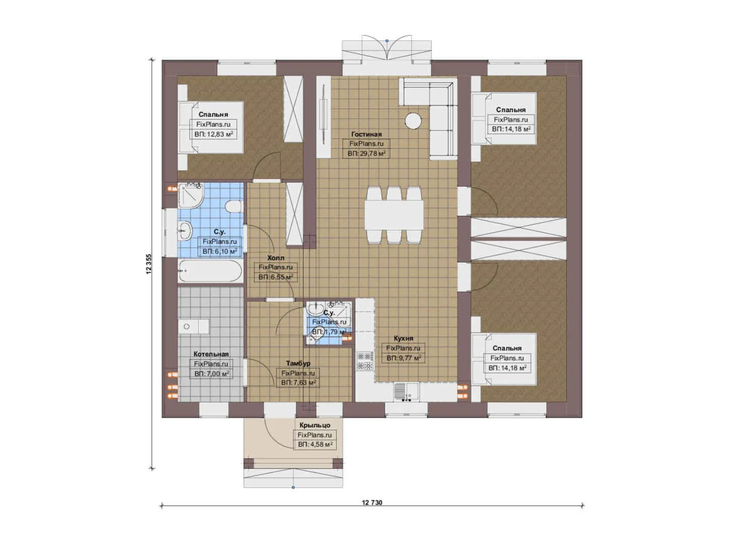F-19844 - План одноэтажного дома 13 на 13, площадью 120 м² с 3 спальнями