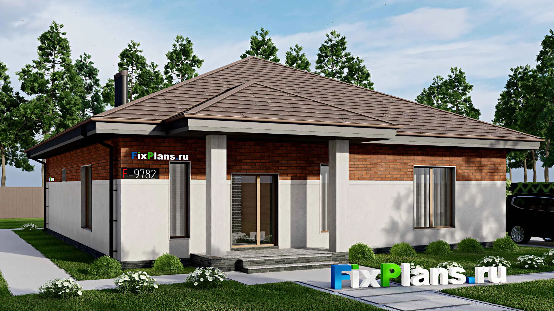 F-9782 - Проект одноэтажного дома 14 на 17, площадью 170 м² с террасой и 3 спальнями