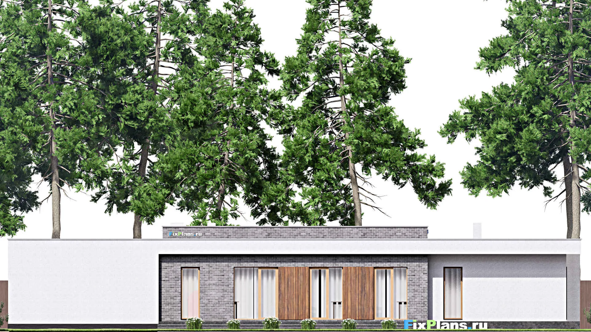 F-16649 - Проект одноэтажного дома 12 на 27, площадью 250 м² с террасой, гаражом на 2 машины и 3 спальнями