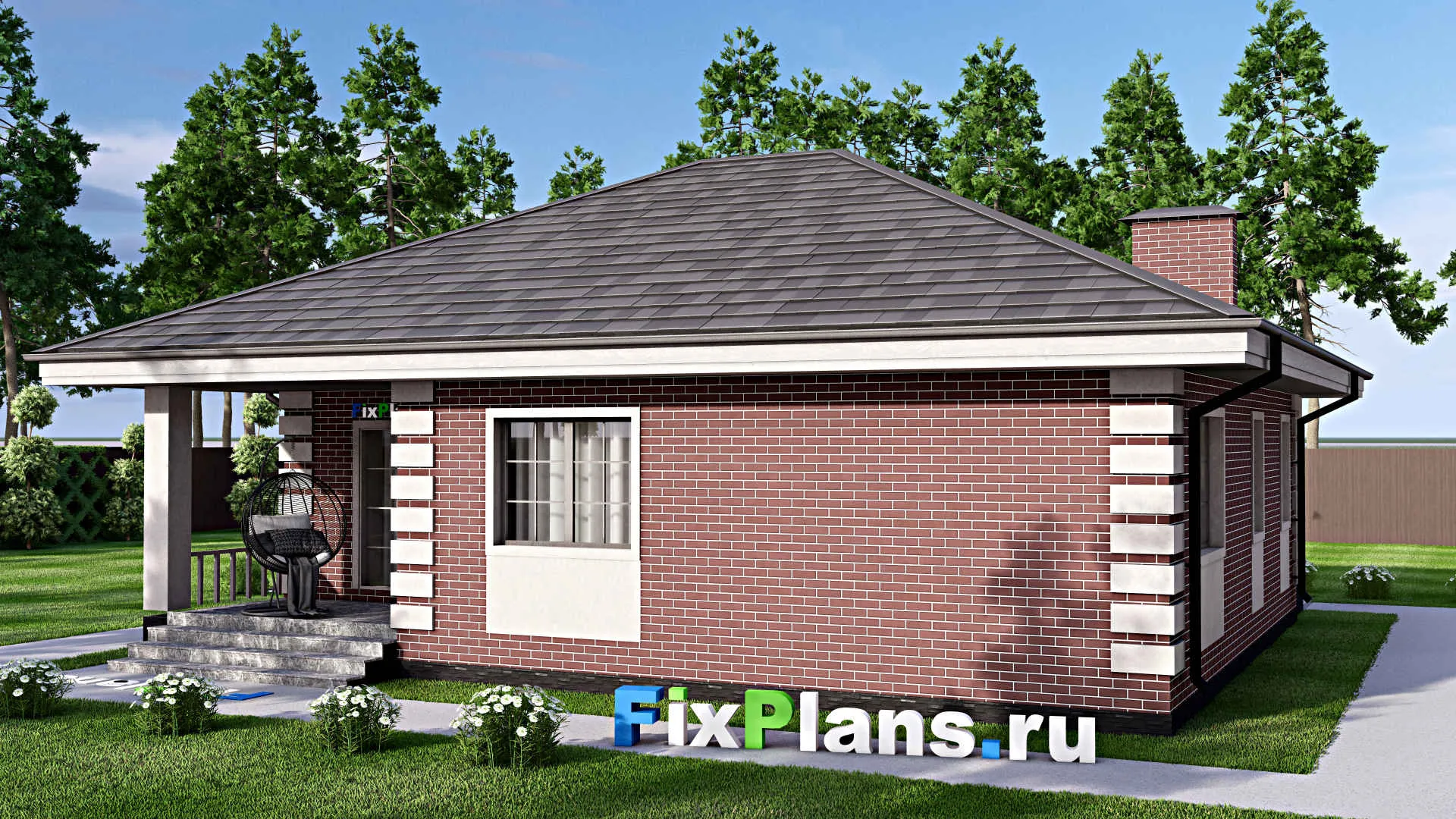 F-12860 - План одноэтажного дома 12 на 13, площадью 110 м² с террасой и 3 спальнями