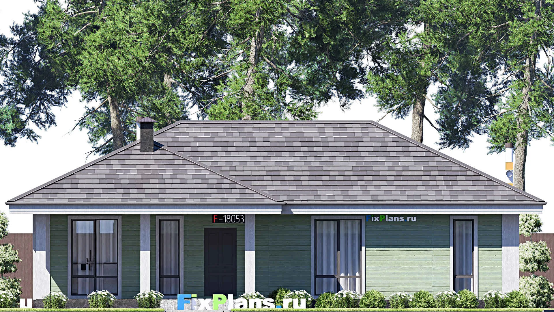 F-18053 - Проект одноэтажного дома 11 на 15, площадью 120 м² с террасой и 3 спальнями