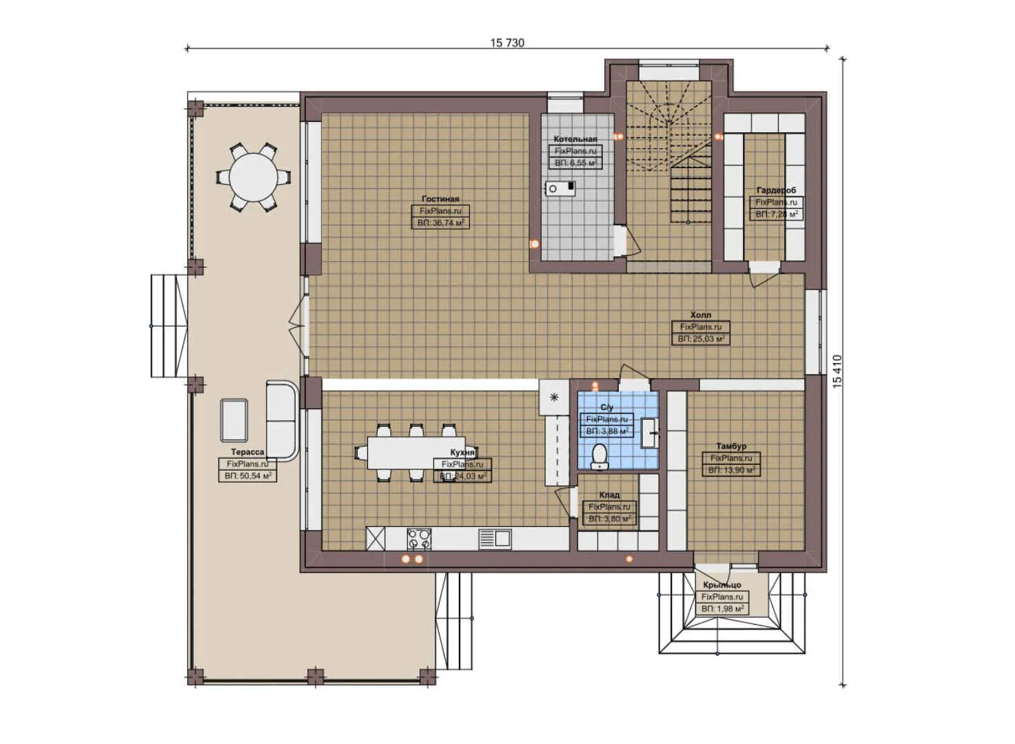 F-7352 - Планы двухэтажного дома 16 на 16, площадью 290 м² с террасой и 3 спальнями