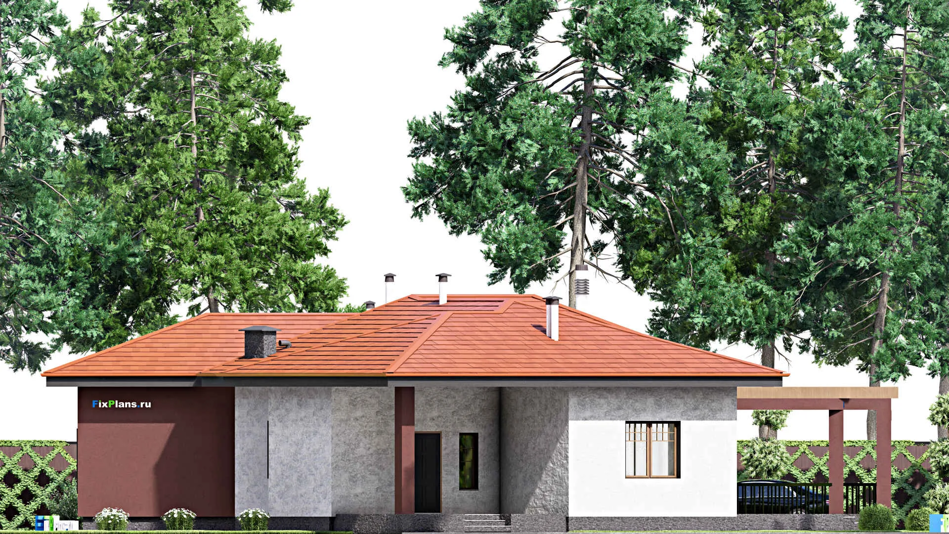 F-15209 - План одноэтажного дома 22 на 28, площадью 300 м² с террасой и 4 спальнями