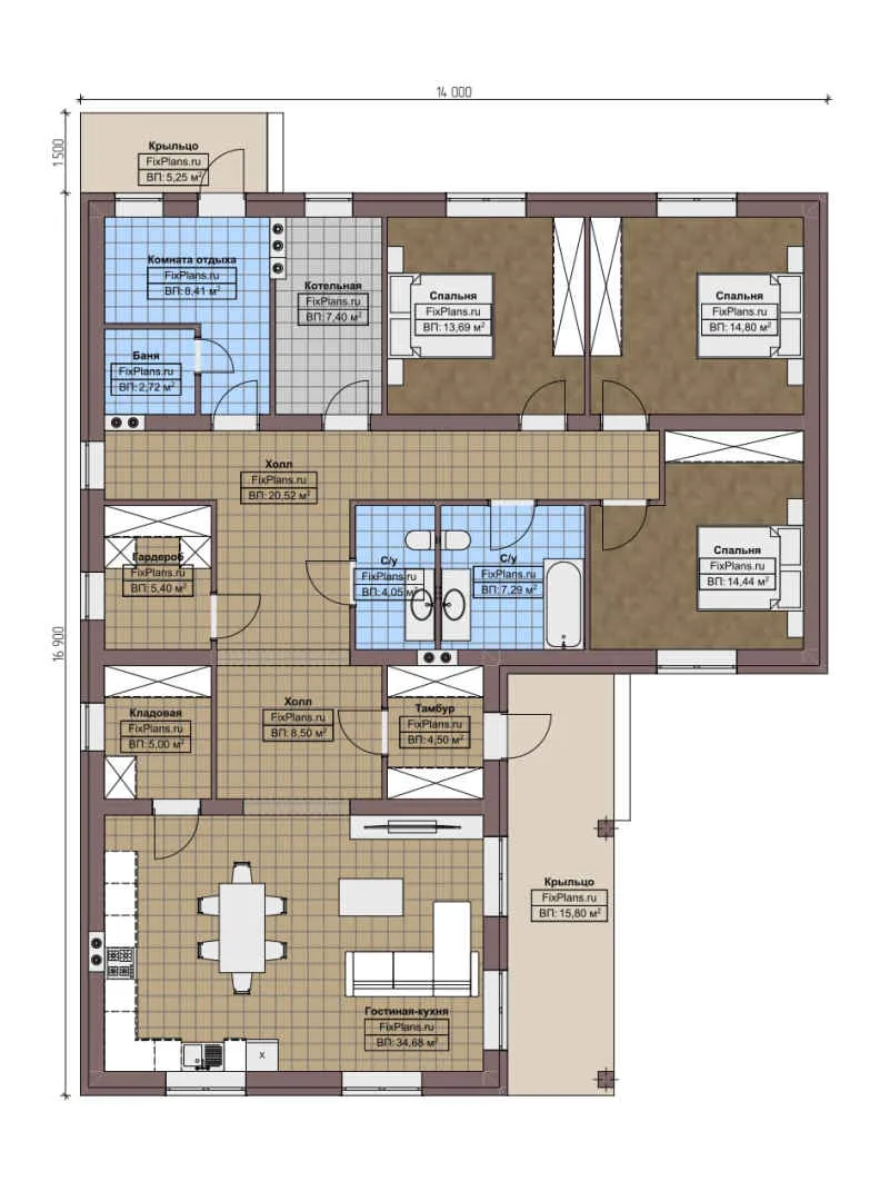 F-5066 - План одноэтажного дома 14 на 17, площадью 180 м² с баней и 3 спальнями
