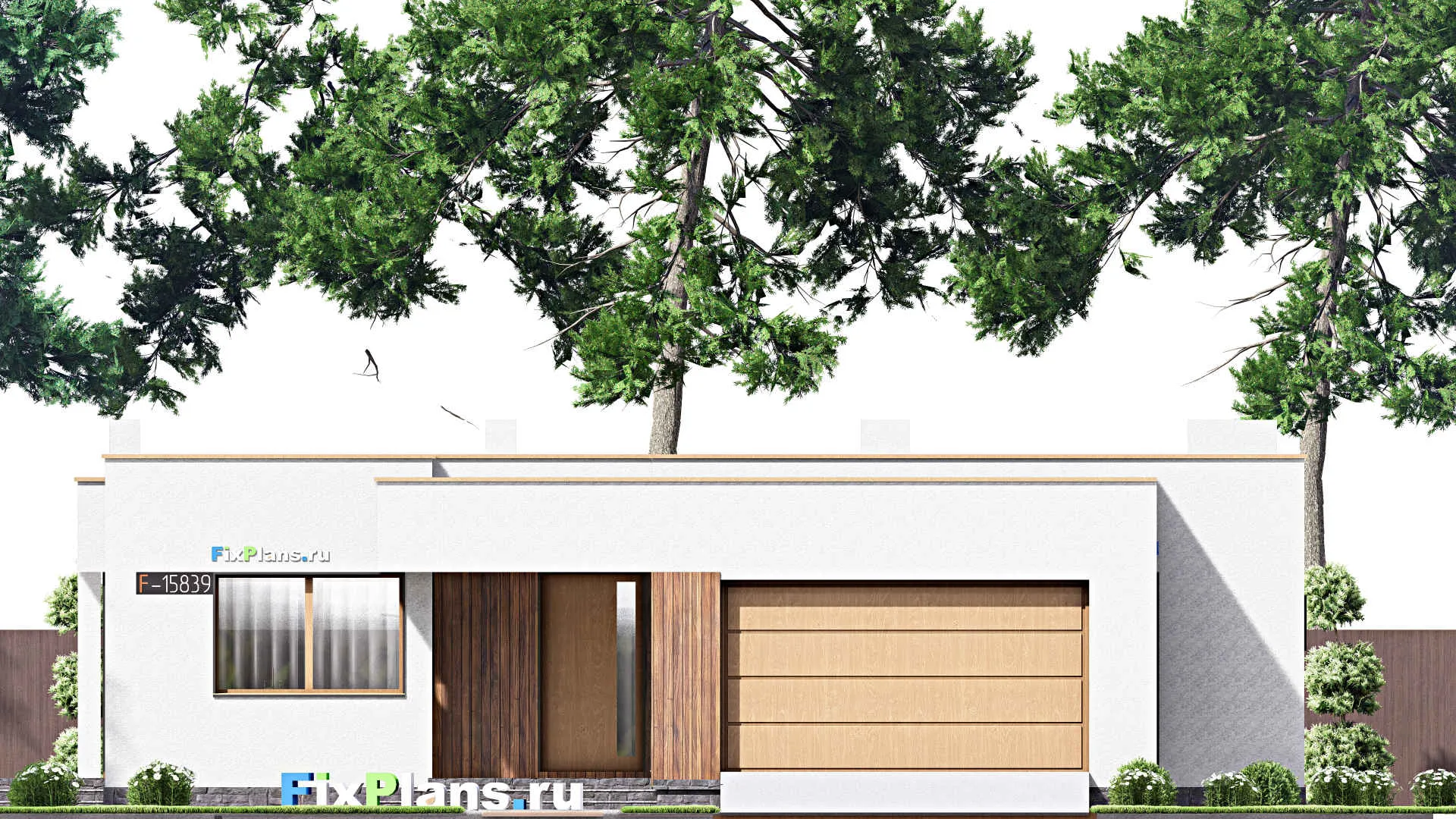 F-15839 - План одноэтажного дома 17 на 17, площадью 230 м² с террасой, гаражом на 2 машины и 3 спальнями