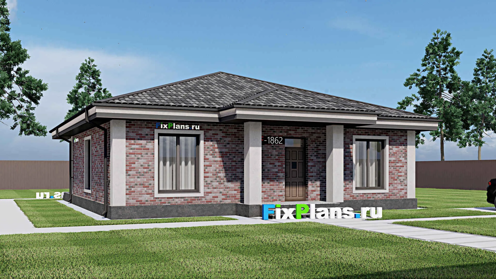 F-1862 - Проект одноэтажного дома 13 на 13, площадью 130 м² с террасой и 3 спальнями