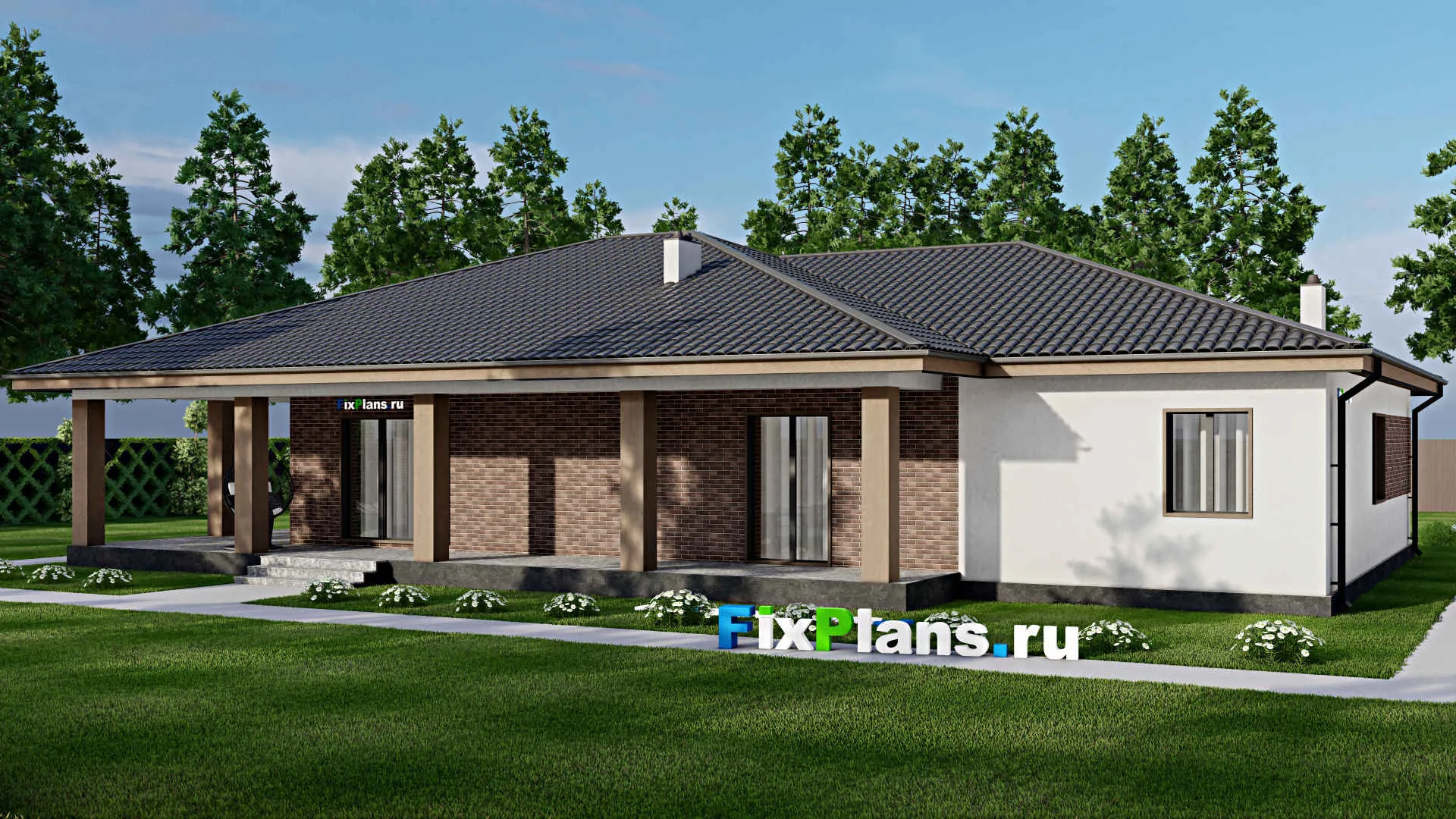 F-4553 - Проект одноэтажного дома 18 на 22, площадью 310 м² с террасой, гаражом на 2 машины и 3 спальнями