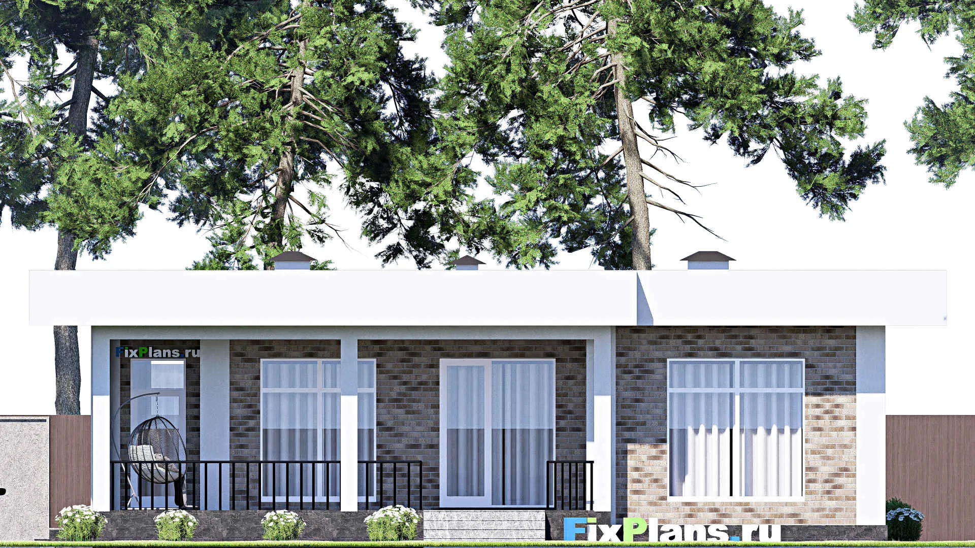 F-12446 - План одноэтажного дома 13 на 15, площадью 130 м² с террасой и 3 спальнями