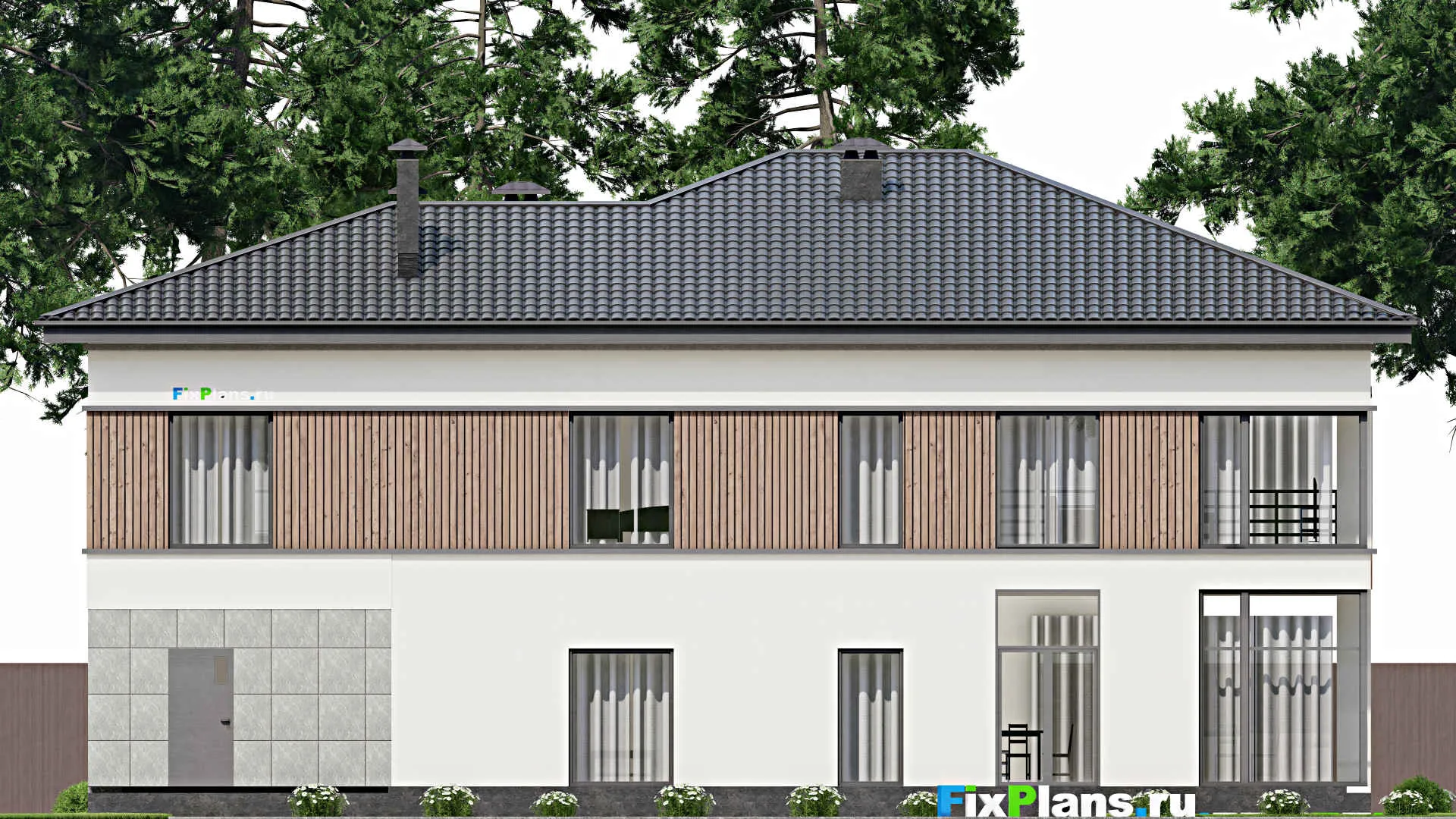 F-5210 - Проект двухэтажного дома 15 на 20, площадью 460 м² с балконом, гаражом на 1 машину, спортзалом и 1 спальнями